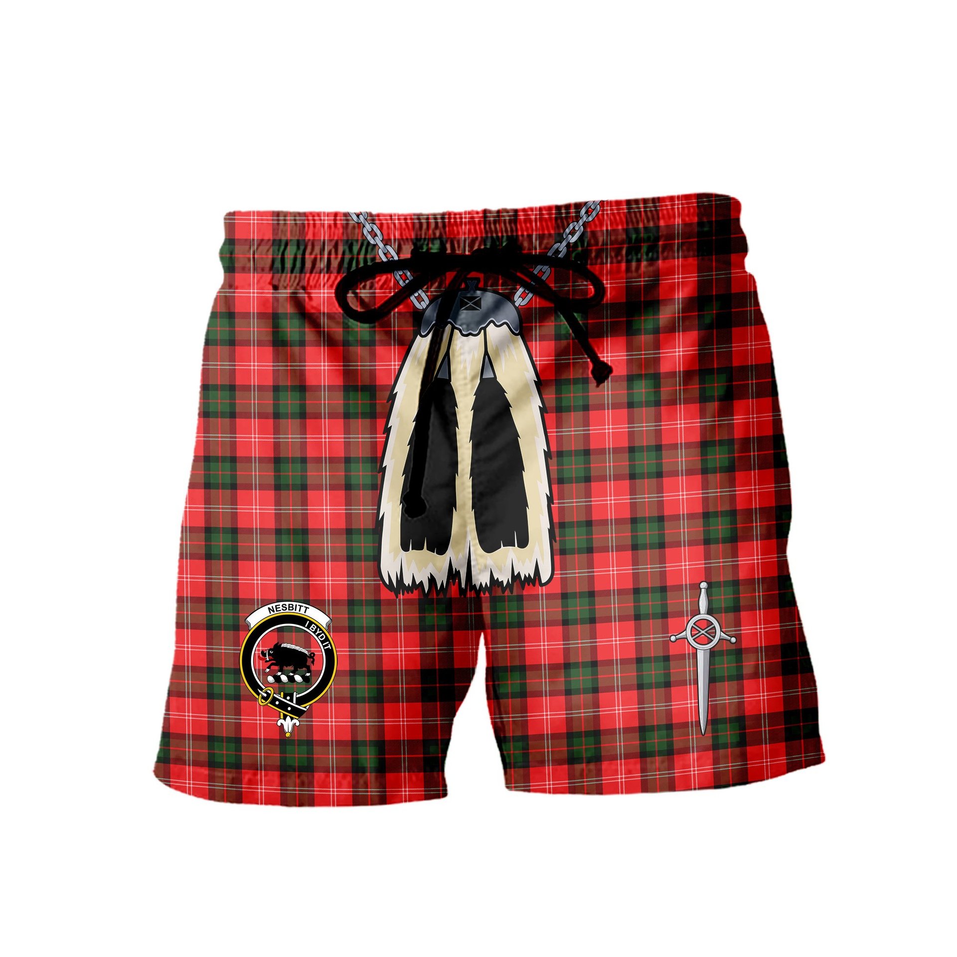ScotsTee Shop Scottish Nesbitt Modern Clan Crest Men's Highland Kilt Sporran Tartan Shorts