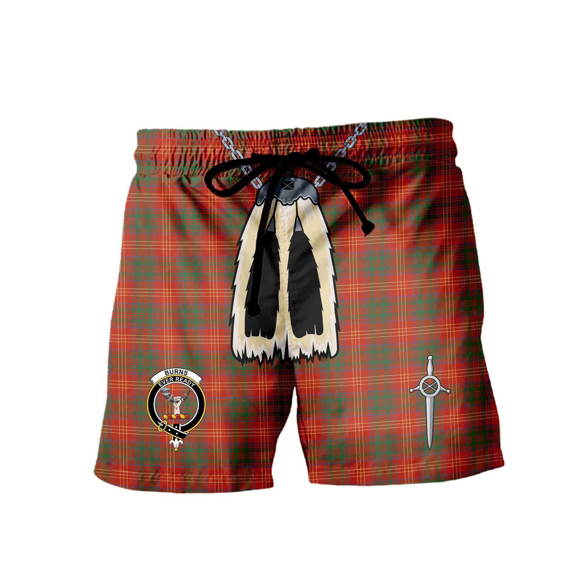 ScotsTee Shop Scottish Burns (Burns 1930) Ancient Clan Crest Men's Highland Kilt Sporran Tartan Shorts