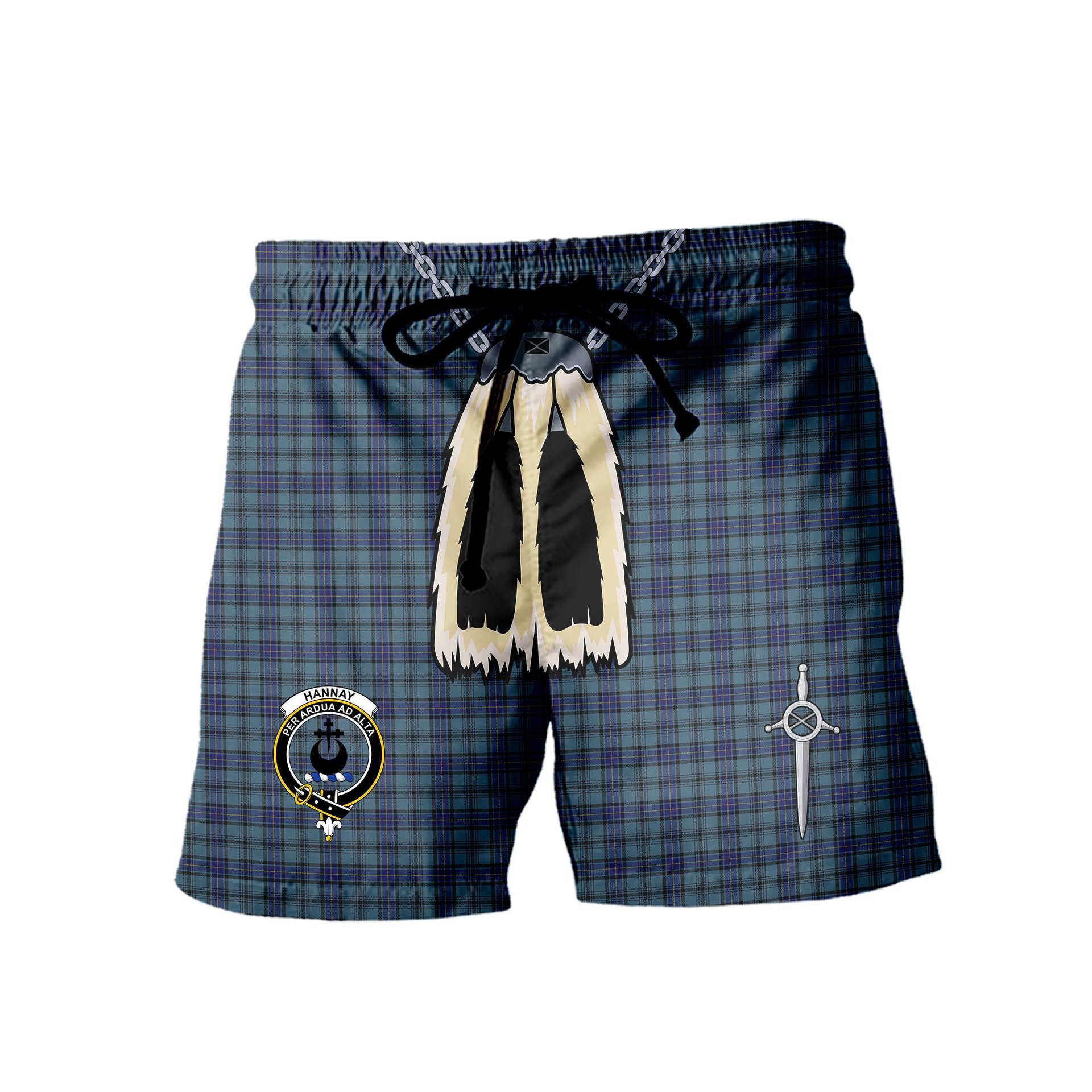 ScotsTee Shop Scottish Hannay Blue Clan Crest Men's Highland Kilt Sporran Tartan Shorts