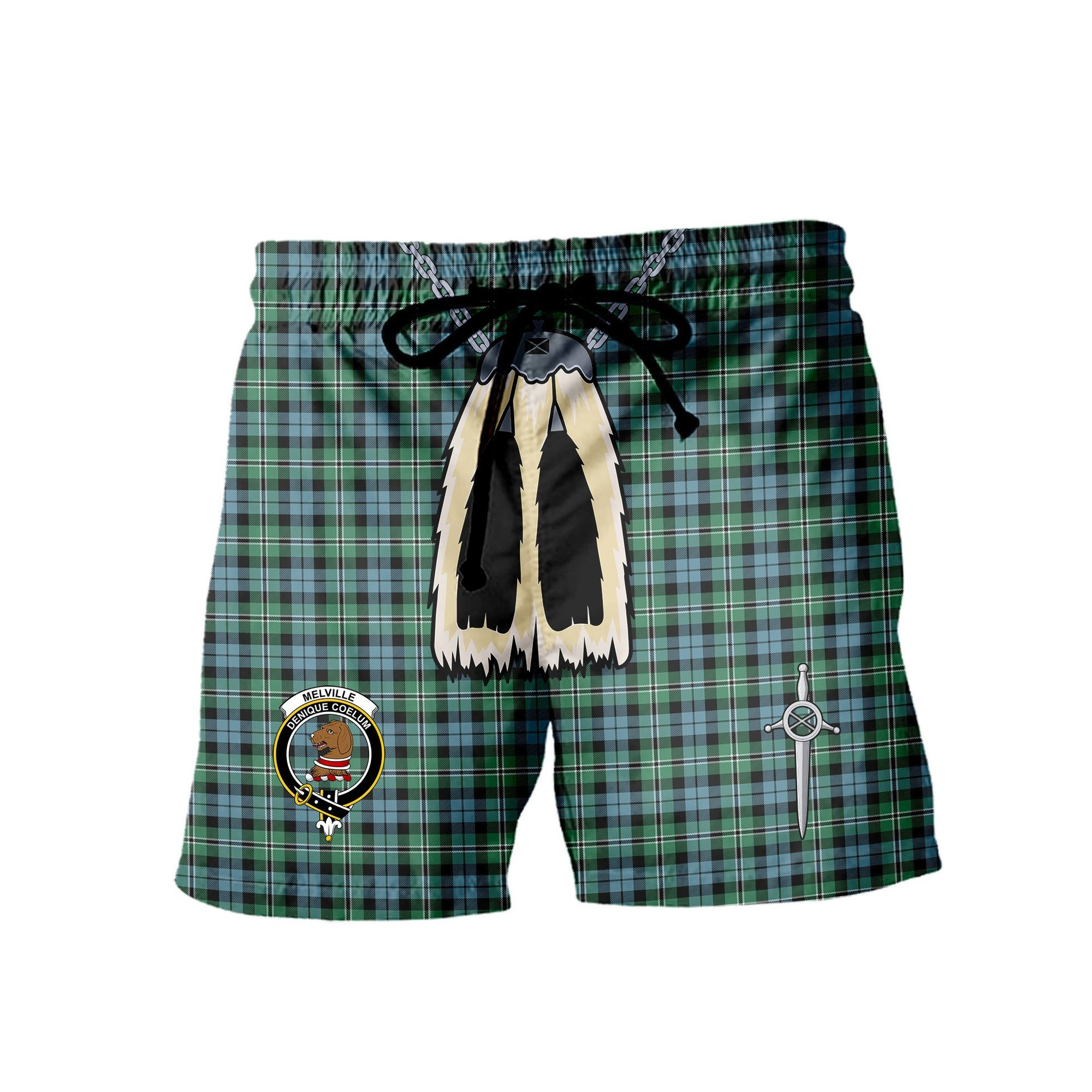 ScotsTee Shop Scottish Melville SC Clan Crest Men's Highland Kilt Sporran Tartan Shorts