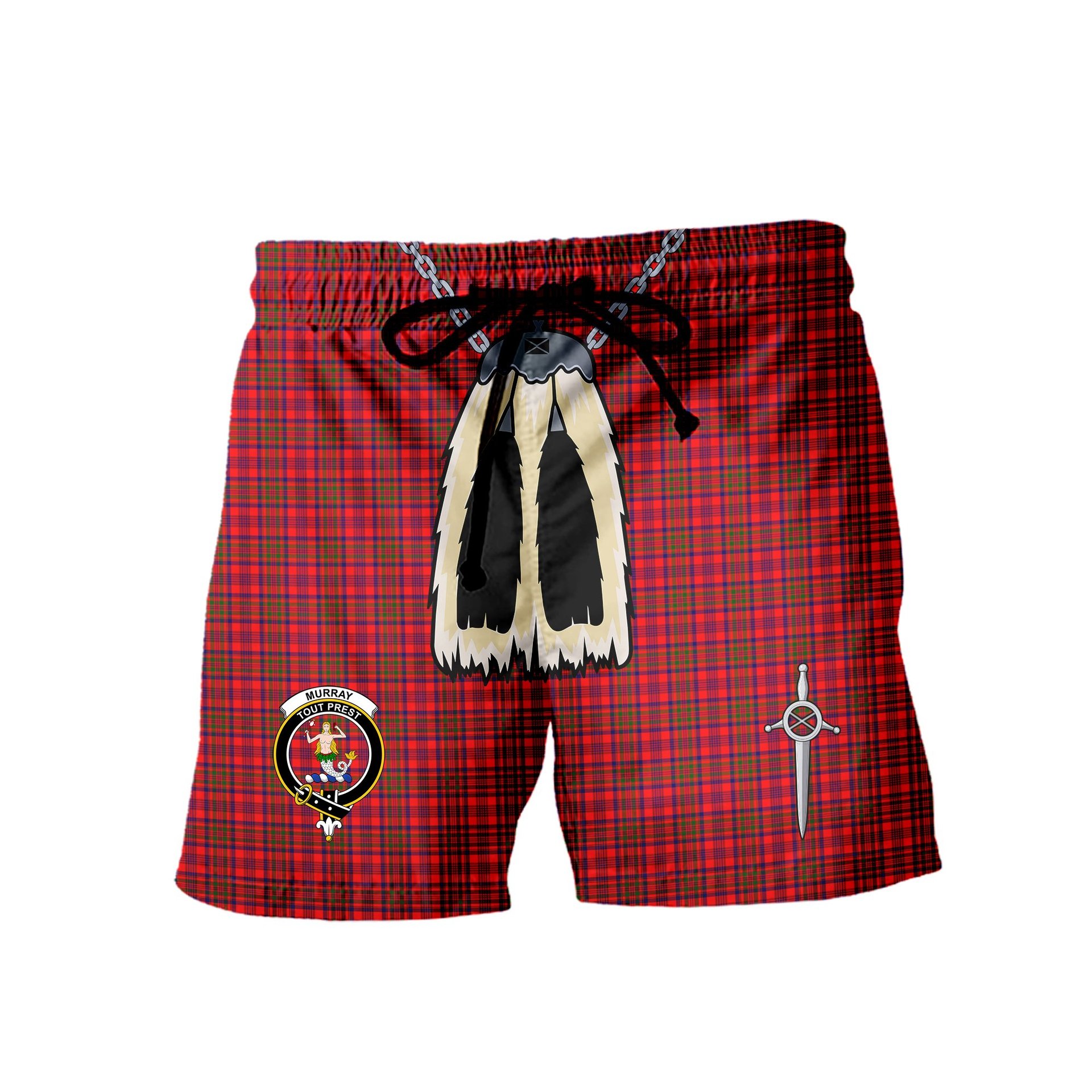 ScotsTee Shop Scottish Murray of Tulloch Modern Clan Crest Men's Highland Kilt Sporran Tartan Shorts