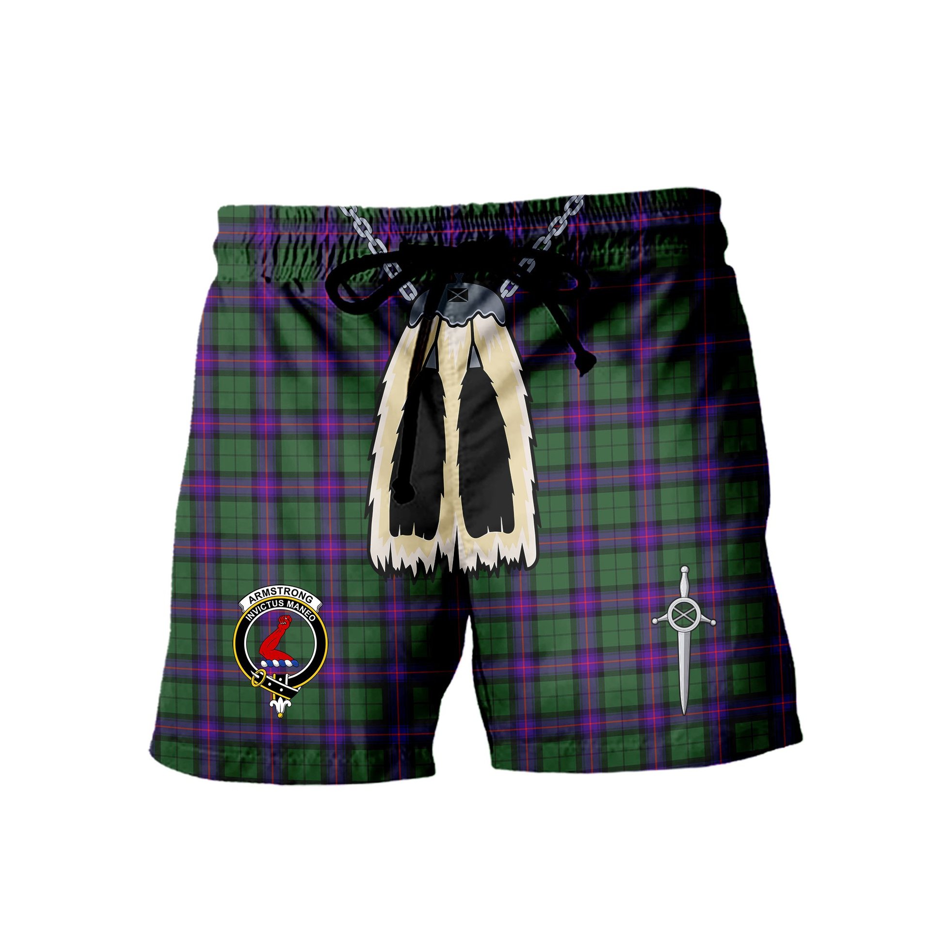 ScotsTee Shop Scottish Armstrong Modern Clan Crest Men's Highland Kilt Sporran Tartan Shorts