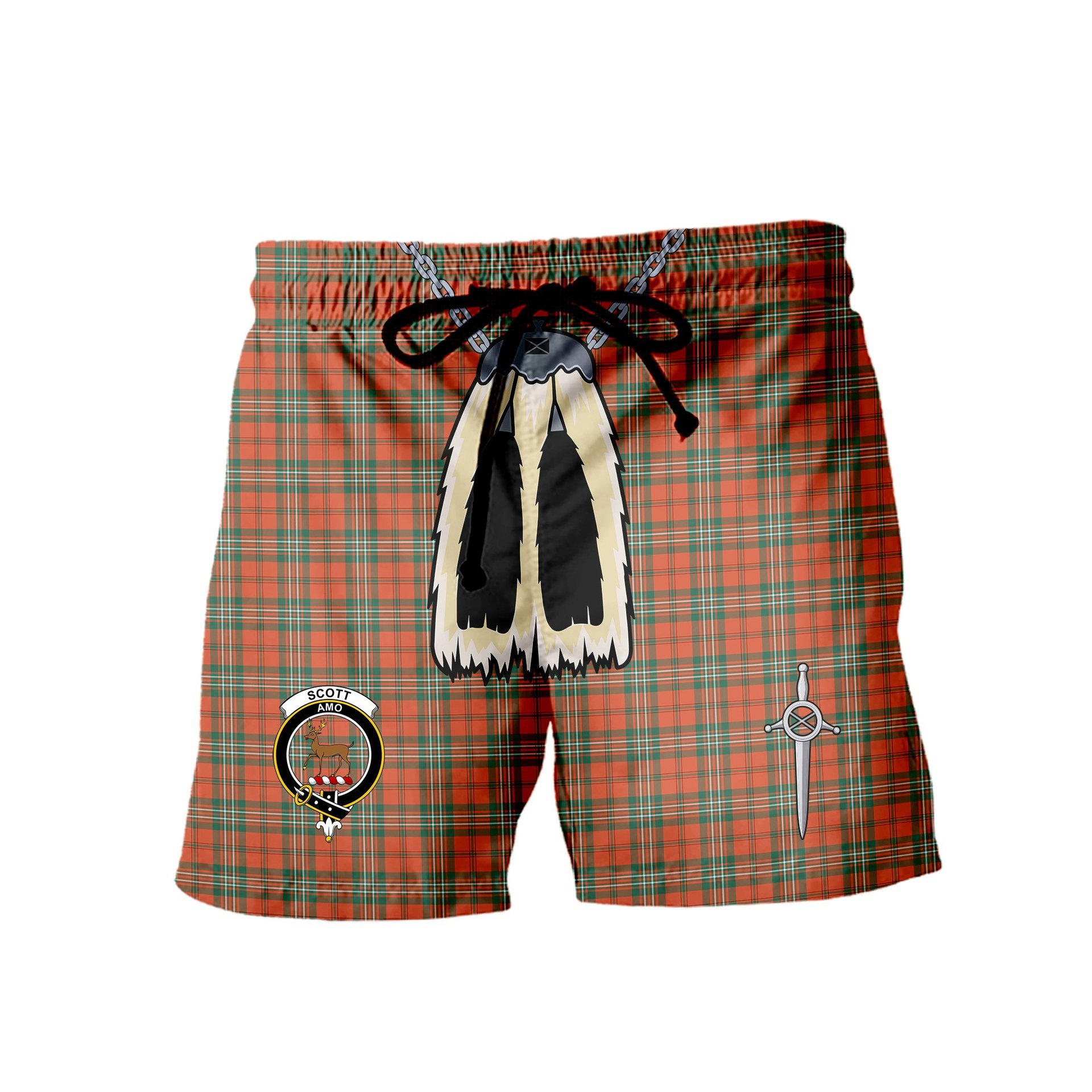 ScotsTee Shop Scottish Scott Ancient Clan Crest Men's Highland Kilt Sporran Tartan Shorts
