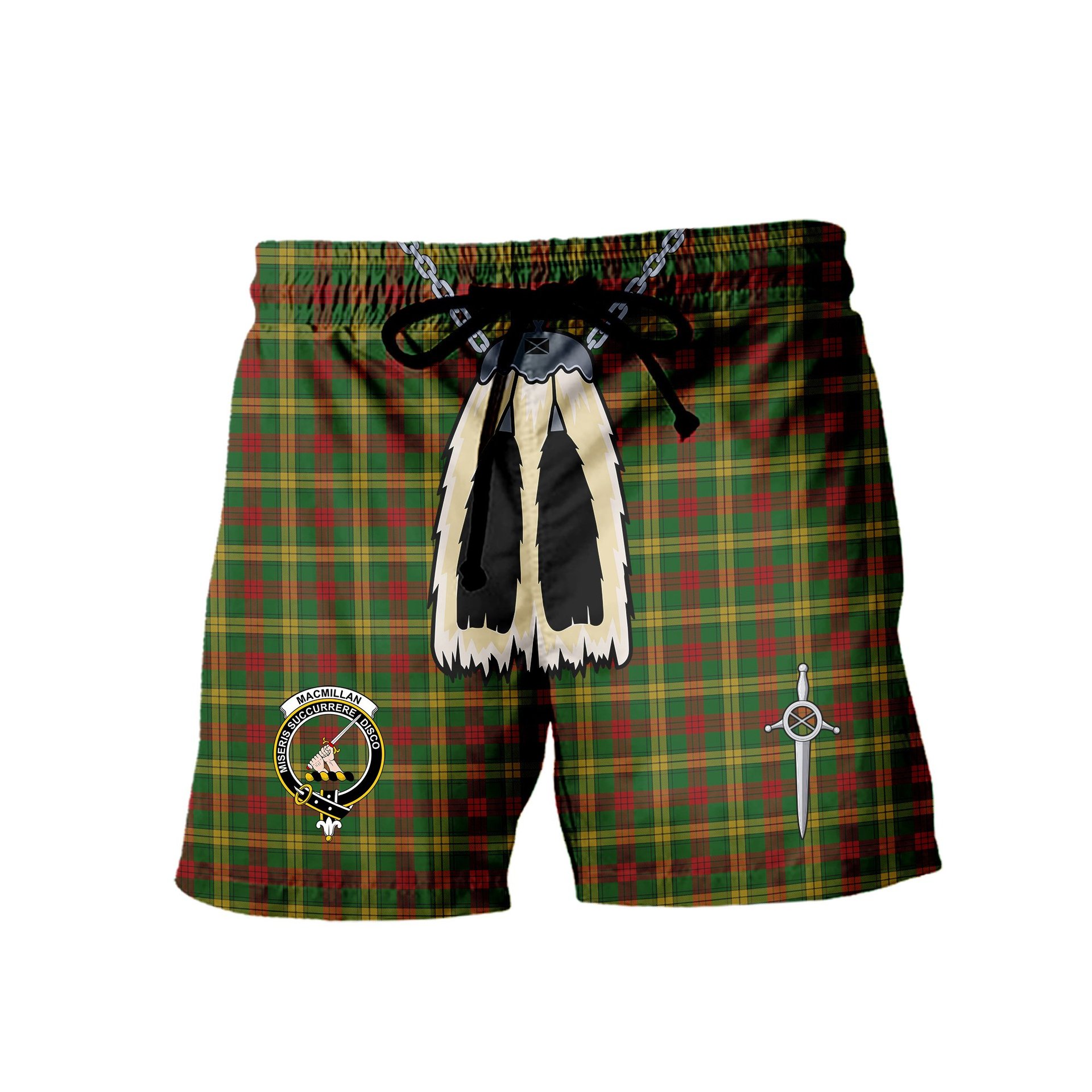 ScotsTee Shop Scottish MacMillan Society of Glasgow Clan Crest Men's Highland Kilt Sporran Tartan Shorts