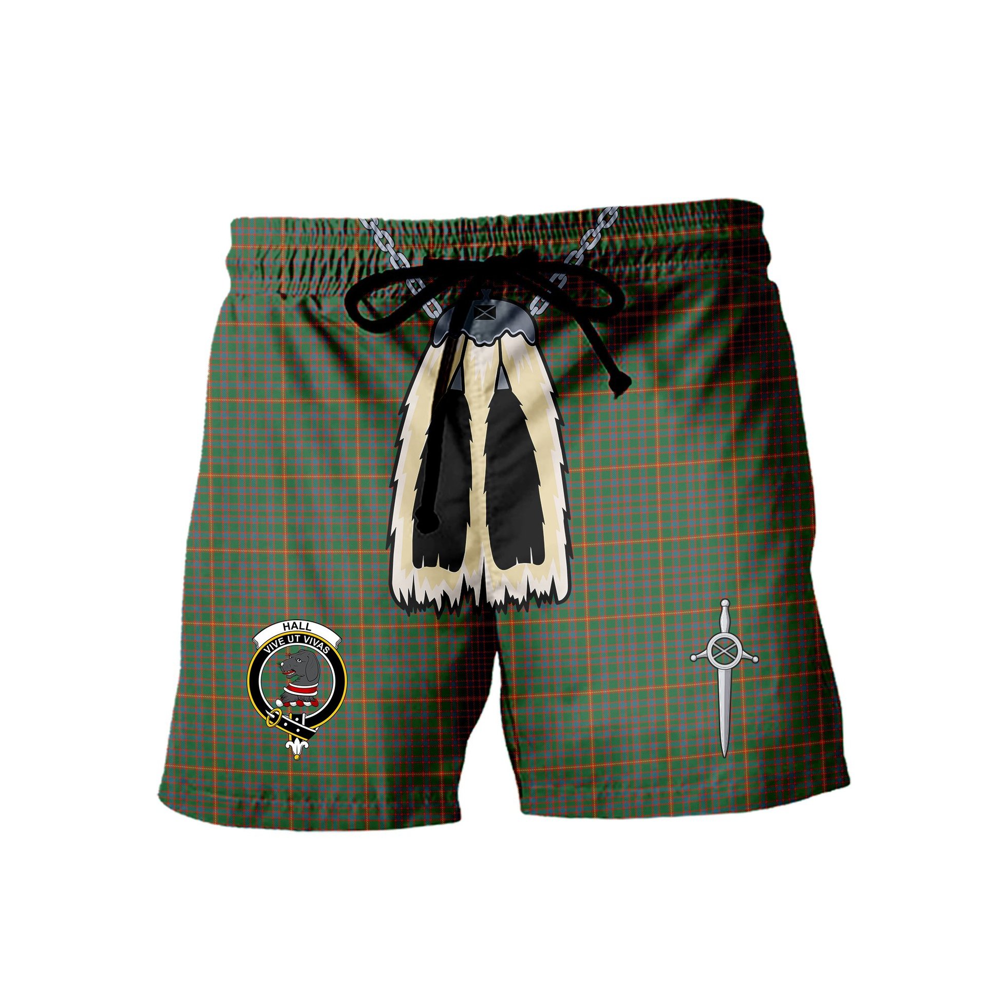 ScotsTee Shop Scottish Hall Ancient Clan Crest Men's Highland Kilt Sporran Tartan Shorts