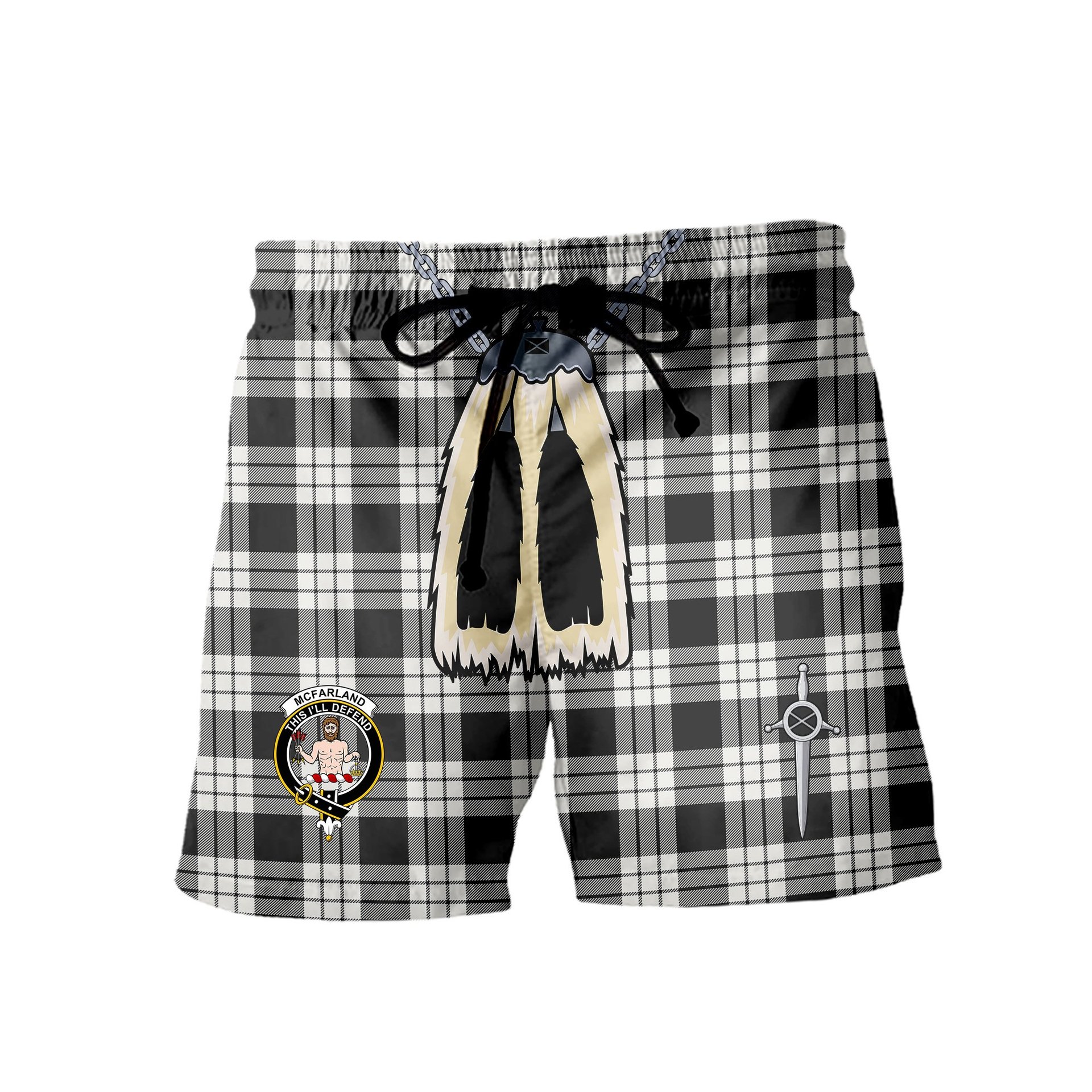 ScotsTee Shop Scottish McFarland Black White Clan Crest Men's Highland Kilt Sporran Tartan Shorts