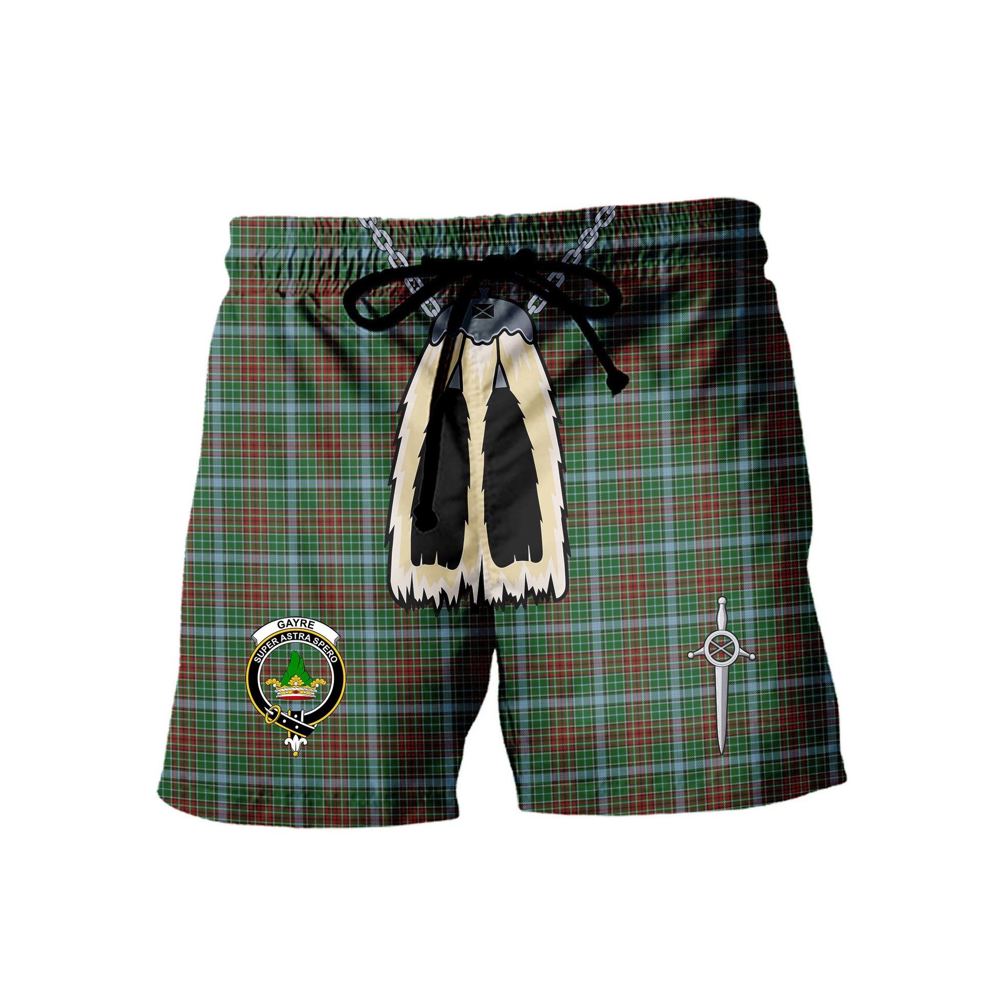 ScotsTee Shop Scottish Gayre Clan Crest Men's Highland Kilt Sporran Tartan Shorts
