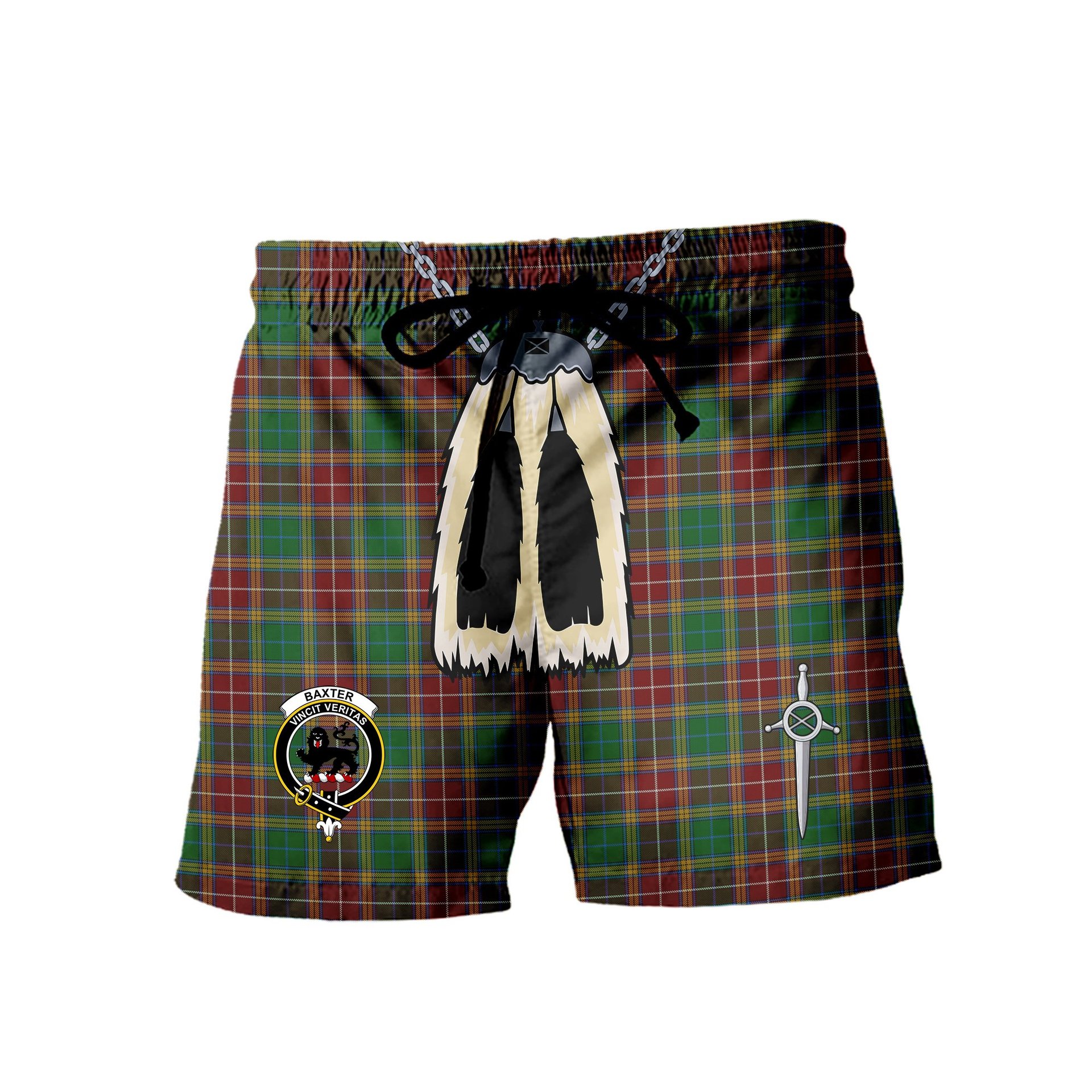 ScotsTee Shop Scottish Baxter Clan Crest Men's Highland Kilt Sporran Tartan Shorts