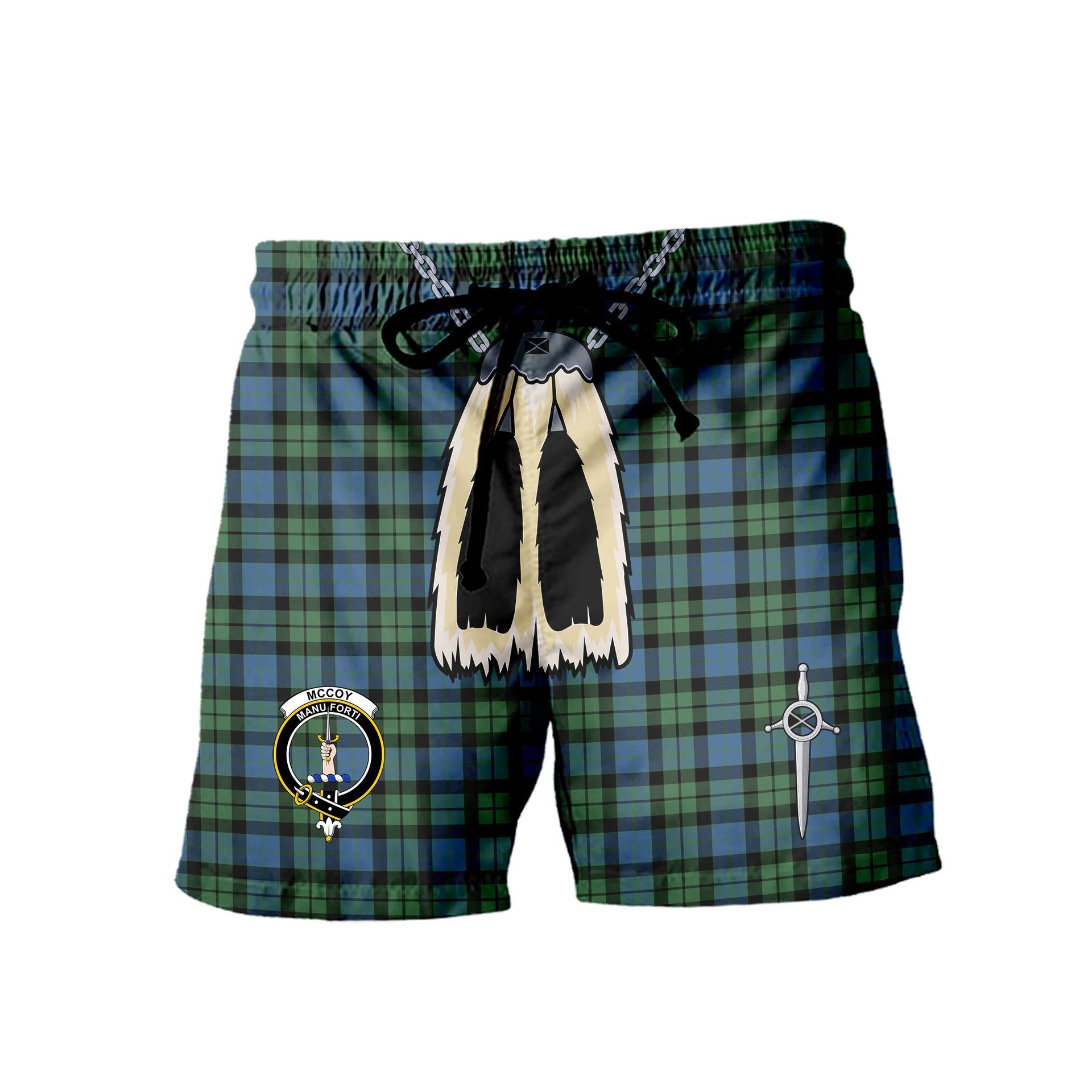 ScotsTee Shop Scottish McCoy Ancient Clan Crest Men's Highland Kilt Sporran Tartan Shorts