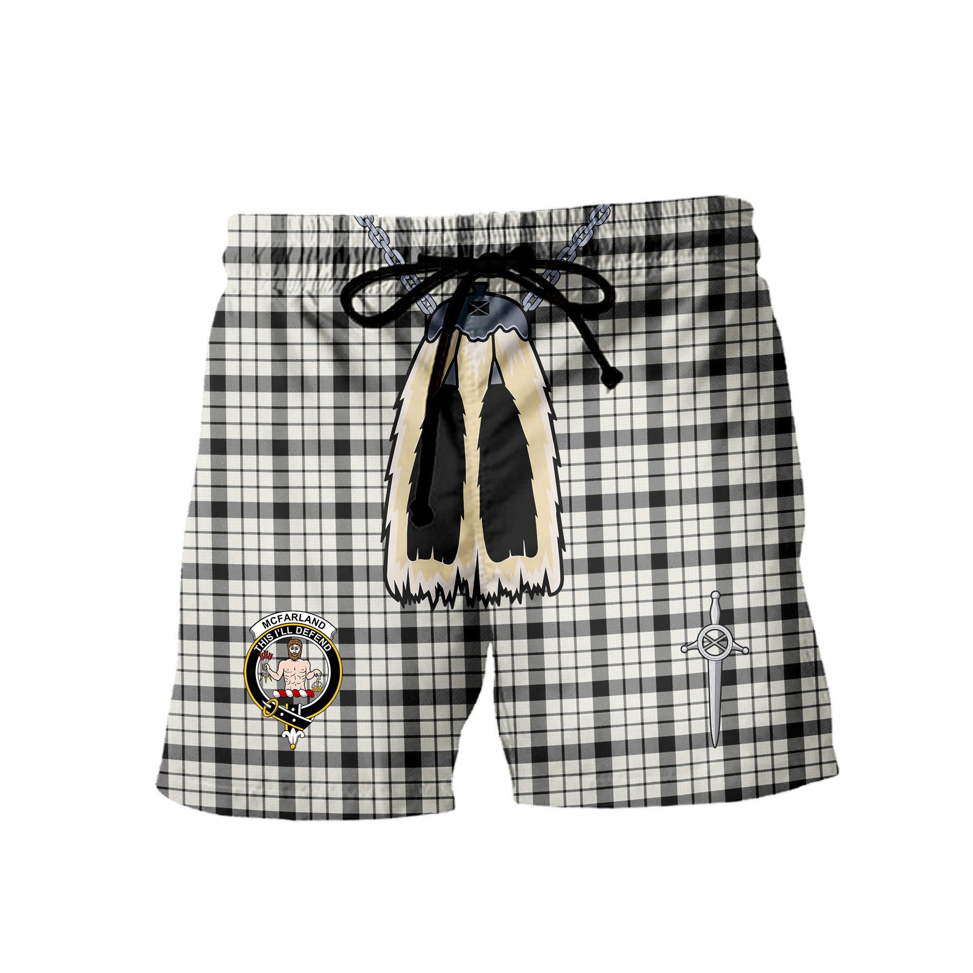 ScotsTee Shop Scottish McFarland Black White Modern Clan Crest Men's Highland Kilt Sporran Tartan Shorts