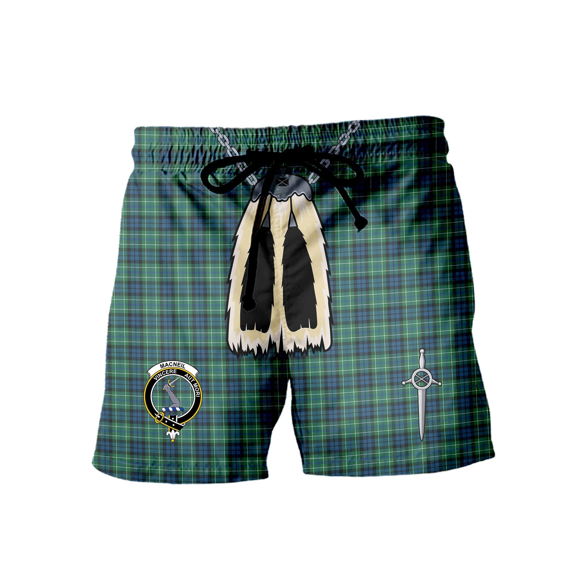 ScotsTee Shop Scottish MacNeill of Colonsay Ancient Clan Crest Men's Highland Kilt Sporran Tartan Shorts