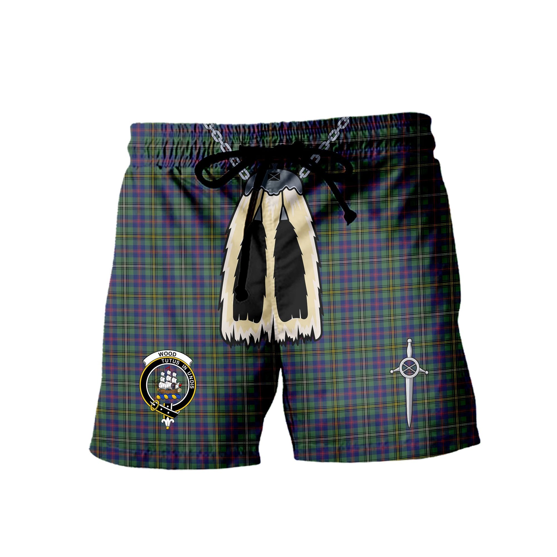 ScotsTee Shop Scottish Wood SC Clan Crest Men's Highland Kilt Sporran Tartan Shorts