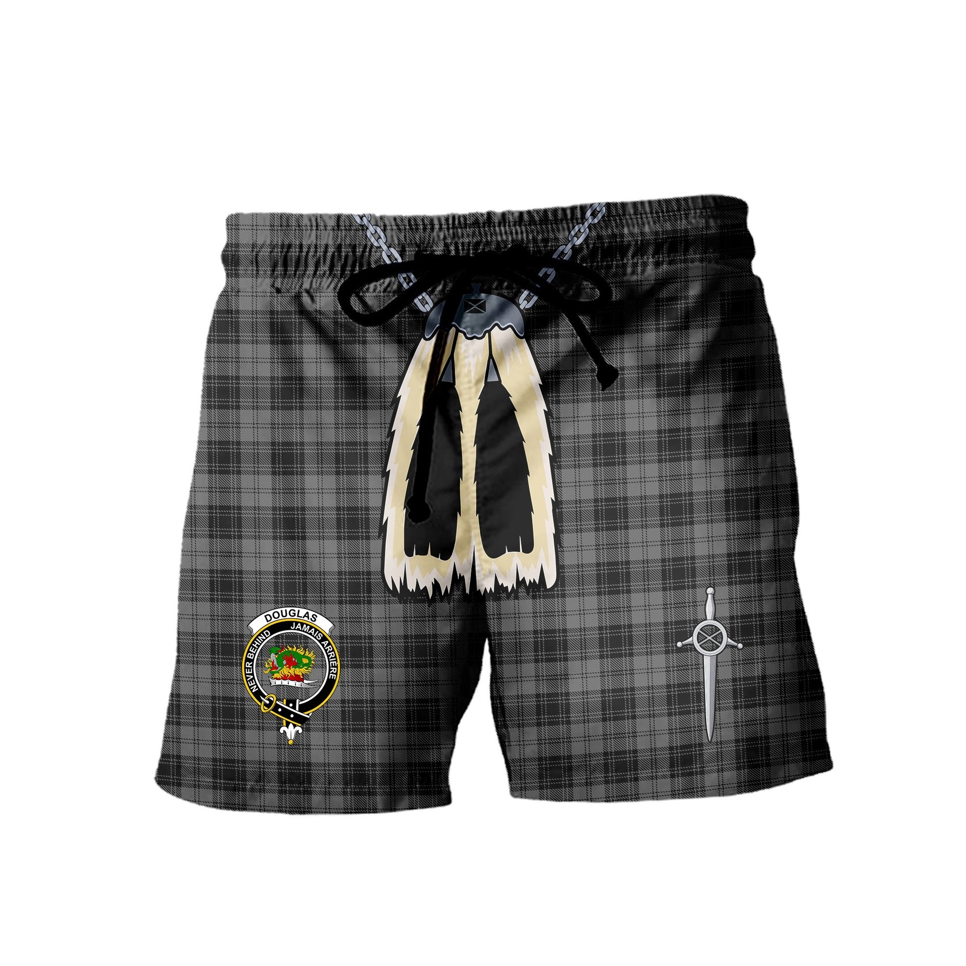 ScotsTee Shop Scottish Douglas Grey Clan Crest Men's Highland Kilt Sporran Tartan Shorts