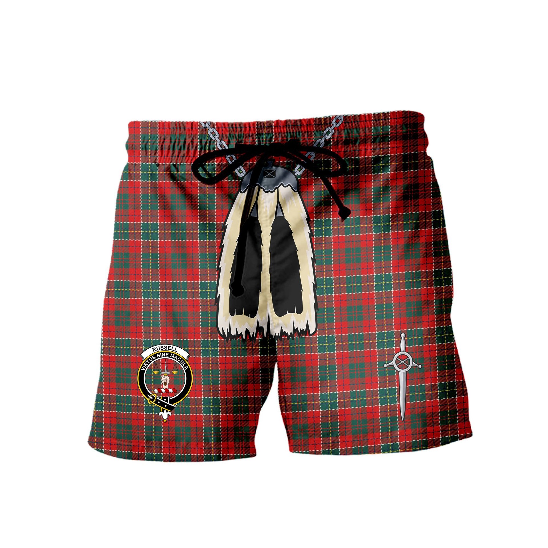 ScotsTee Shop Scottish Russell USA Modern Clan Crest Men's Highland Kilt Sporran Tartan Shorts