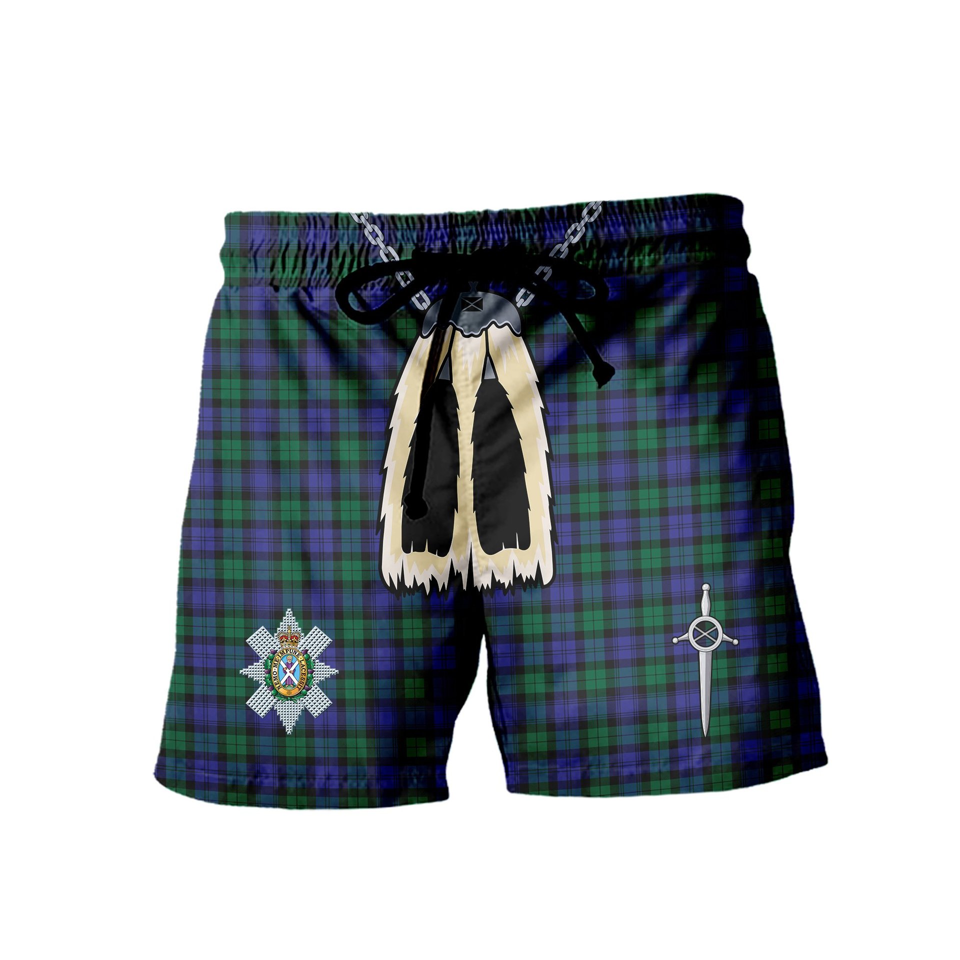 ScotsTee Shop Scottish Black Watch Modern Clan Crest Men's Highland Kilt Sporran Tartan Shorts