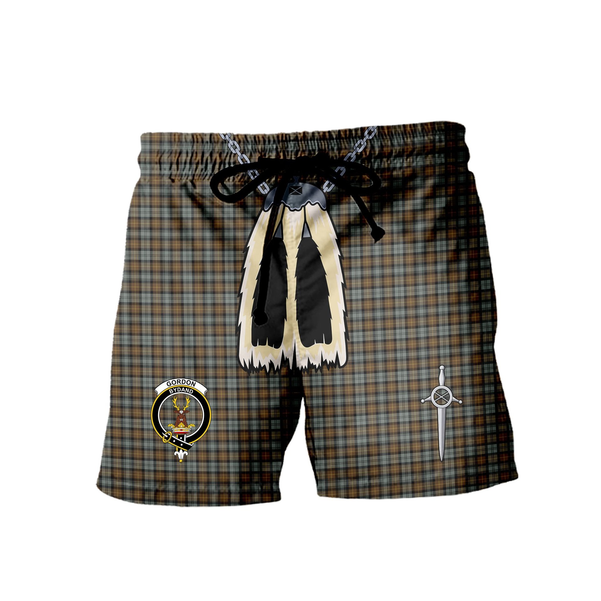 ScotsTee Shop Scottish Gordon Weathered Clan Crest Men's Highland Kilt Sporran Tartan Shorts