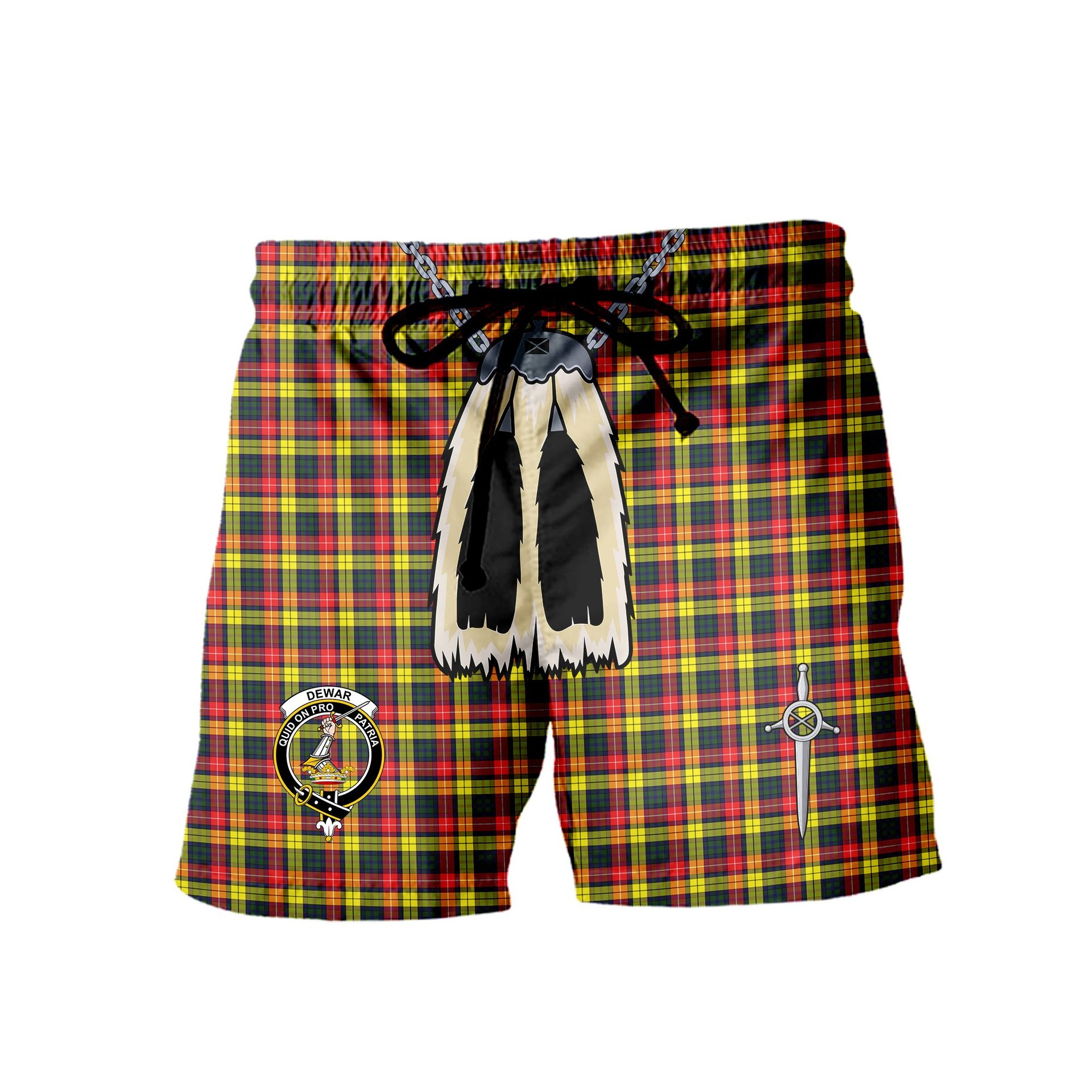 ScotsTee Shop Scottish Dewar Clan Crest Men's Highland Kilt Sporran Tartan Shorts