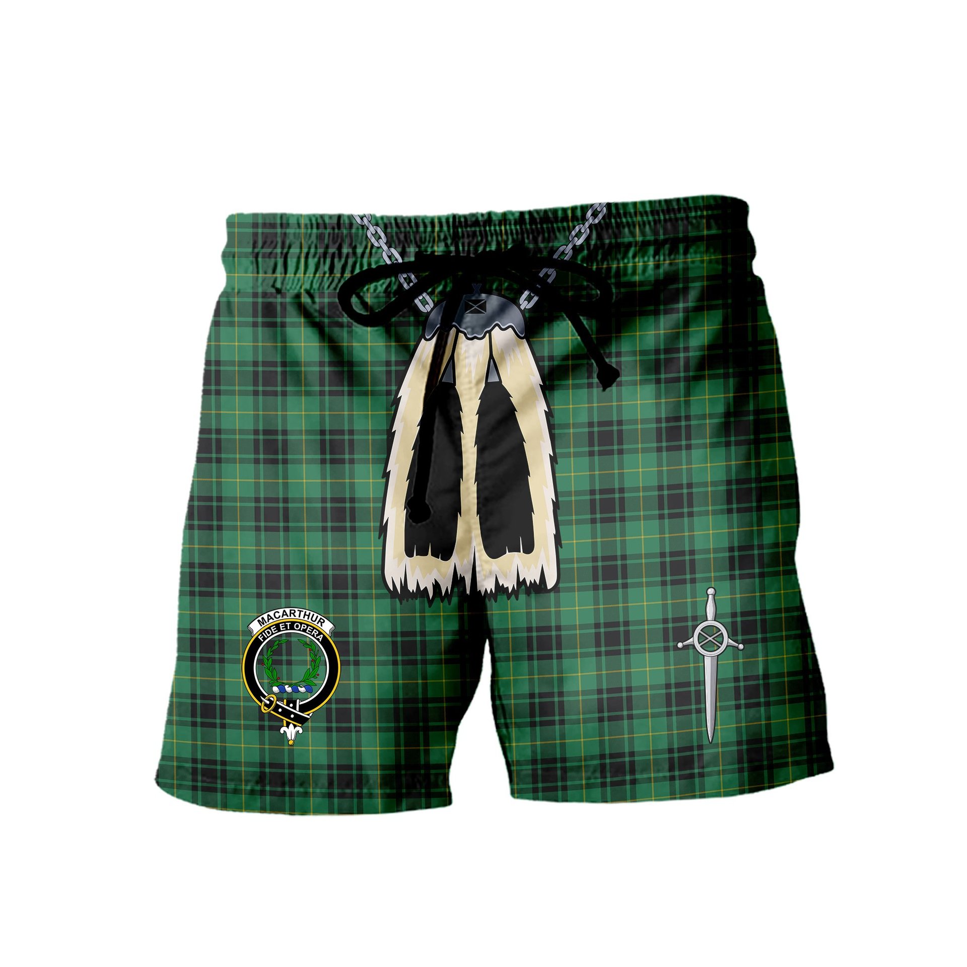 ScotsTee Shop Scottish MacArthur Ancient Clan Crest Men's Highland Kilt Sporran Tartan Shorts