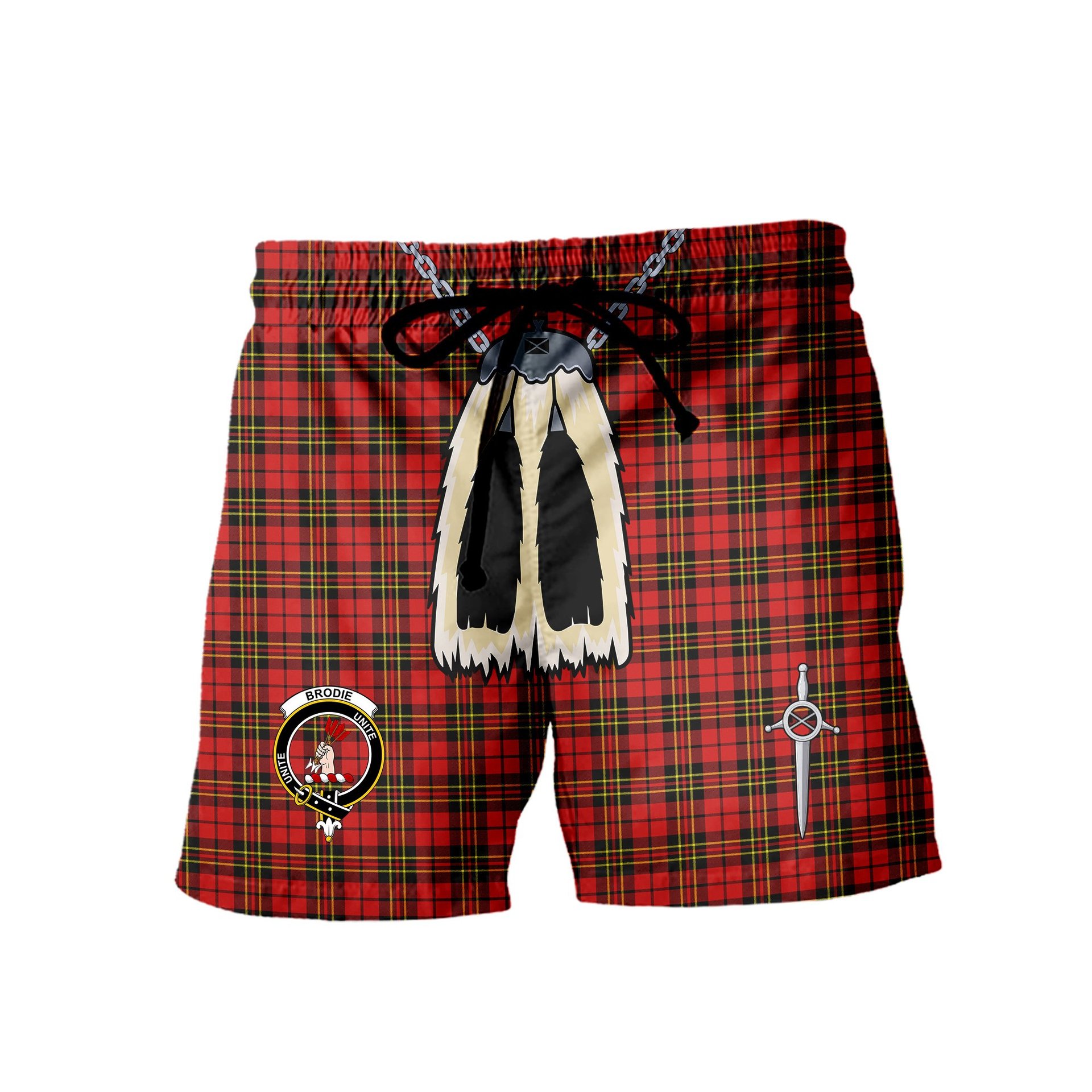 ScotsTee Shop Scottish Brodie Red Modern Clan Crest Men's Highland Kilt Sporran Tartan Shorts