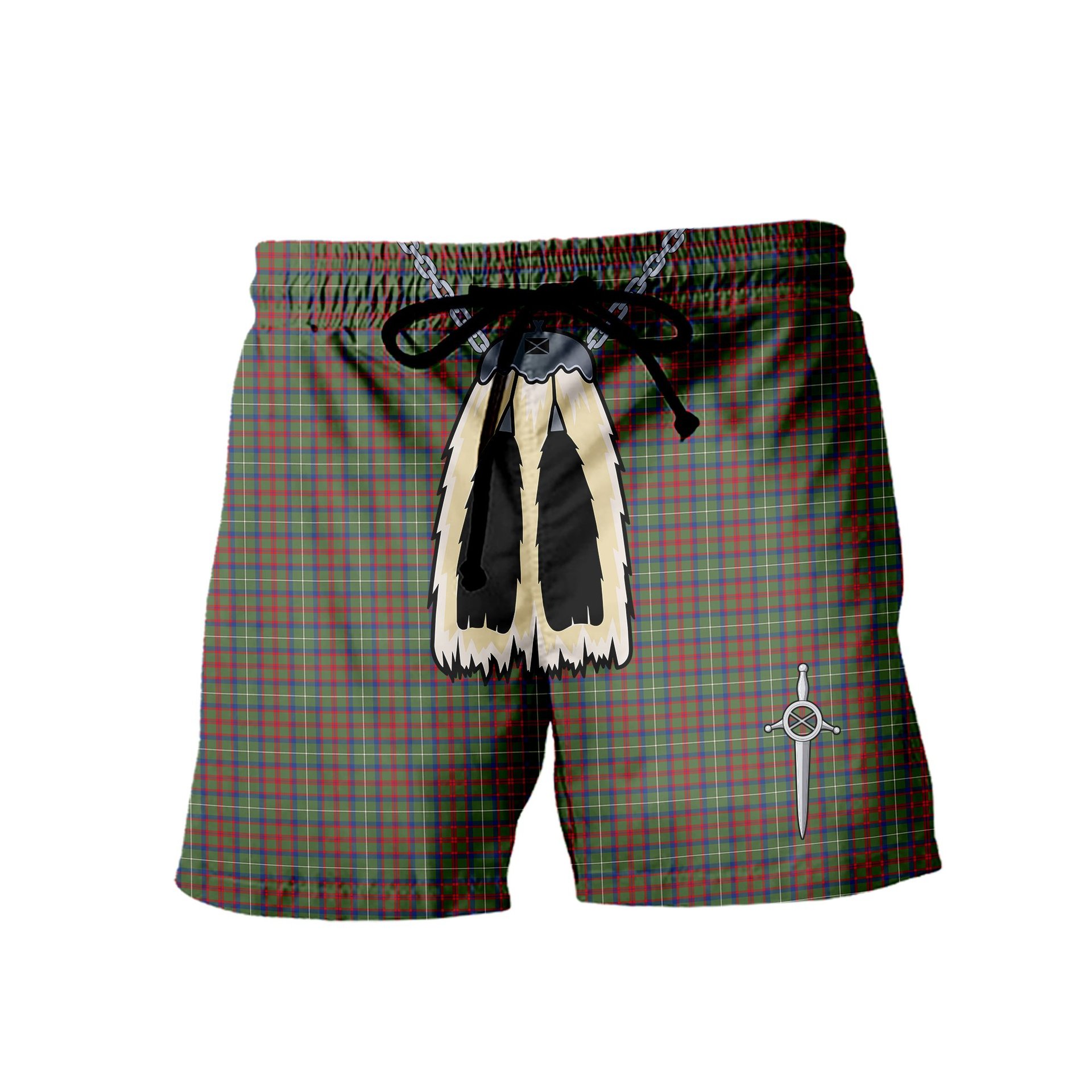 ScotsTee Shop Scottish Shaw Green Modern Men's Highland Kilt Sporran Tartan Shorts