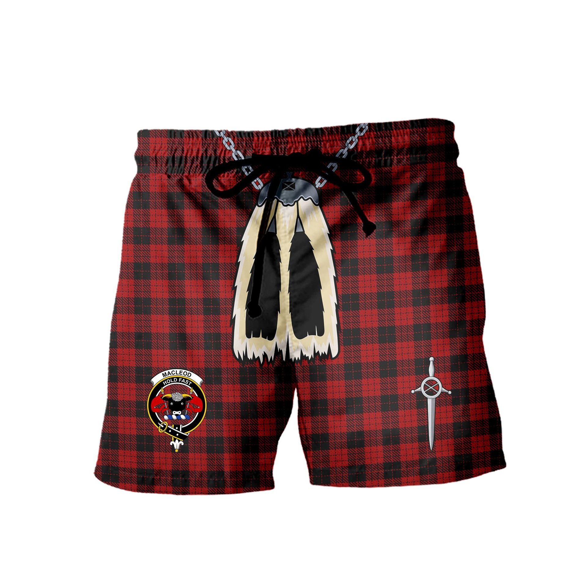ScotsTee Shop Scottish MacLeod Black and Red Clan Crest Men's Highland Kilt Sporran Tartan Shorts