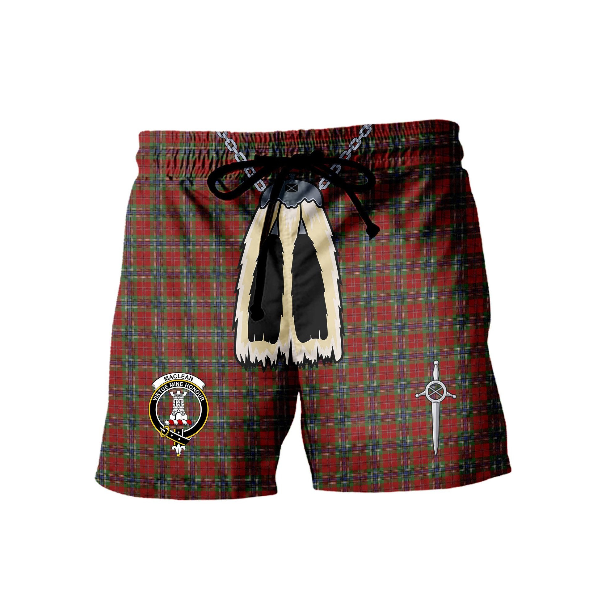 ScotsTee Shop Scottish MacLean of Duart Clan Crest Men's Highland Kilt Sporran Tartan Shorts