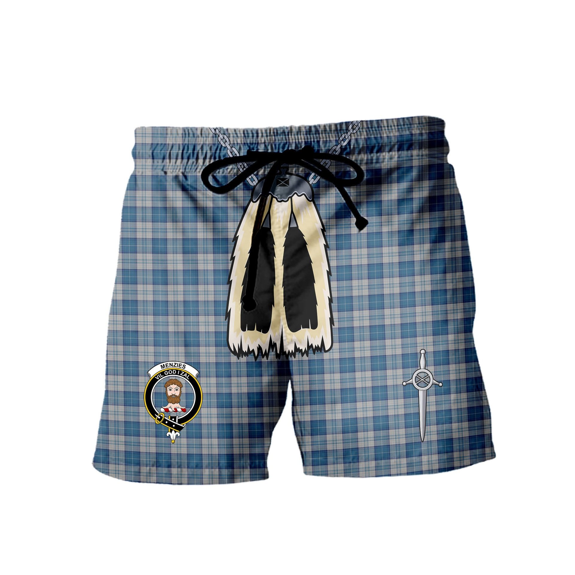 ScotsTee Shop Scottish Menzies Dress Blue & White Clan Crest Men's Highland Kilt Sporran Tartan Shorts