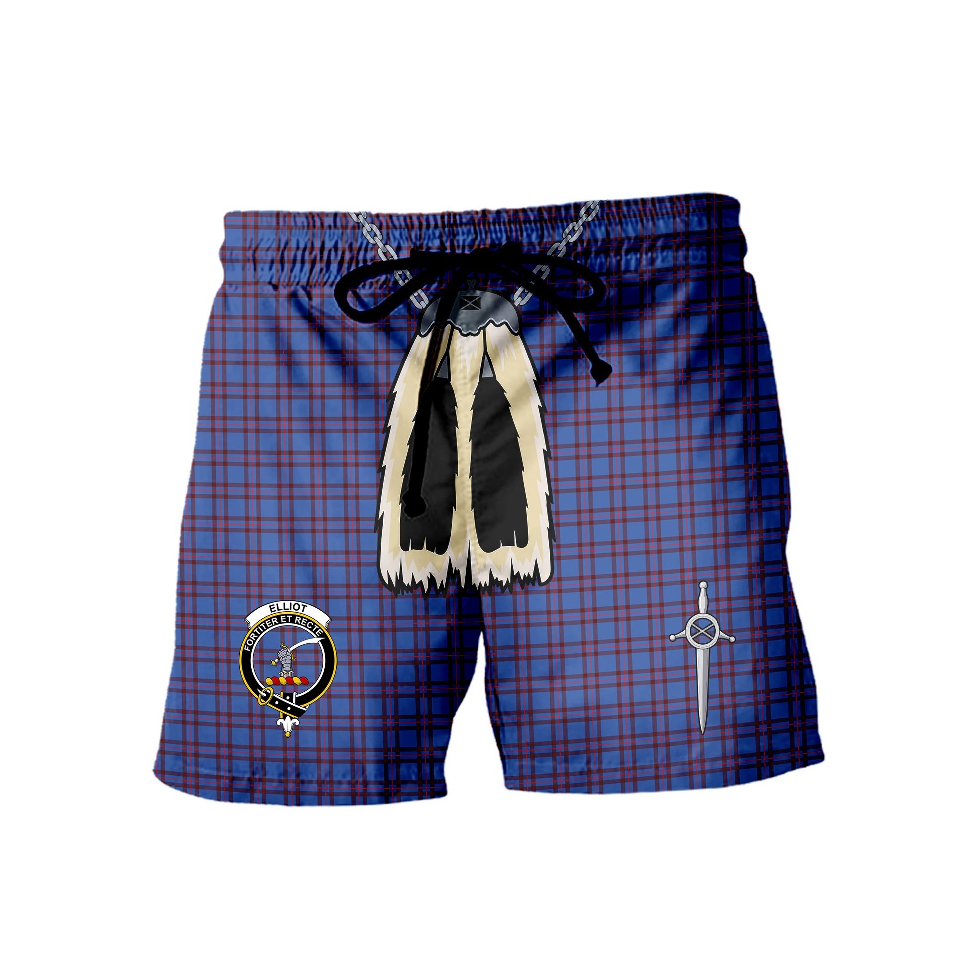 ScotsTee Shop Scottish Elliot Modern Clan Crest Men's Highland Kilt Sporran Tartan Shorts