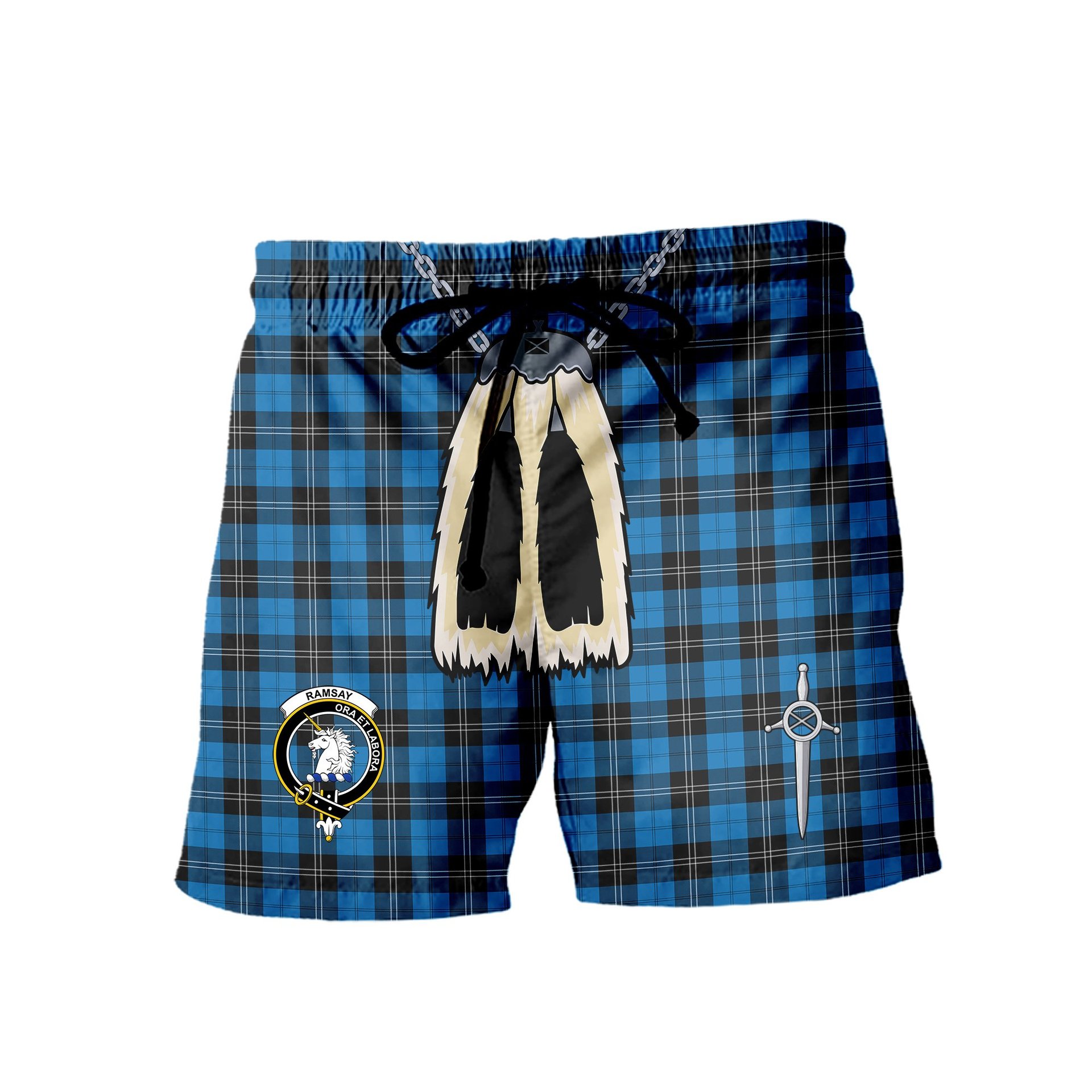 ScotsTee Shop Scottish Ramsay Blue Ancient Clan Crest Men's Highland Kilt Sporran Tartan Shorts