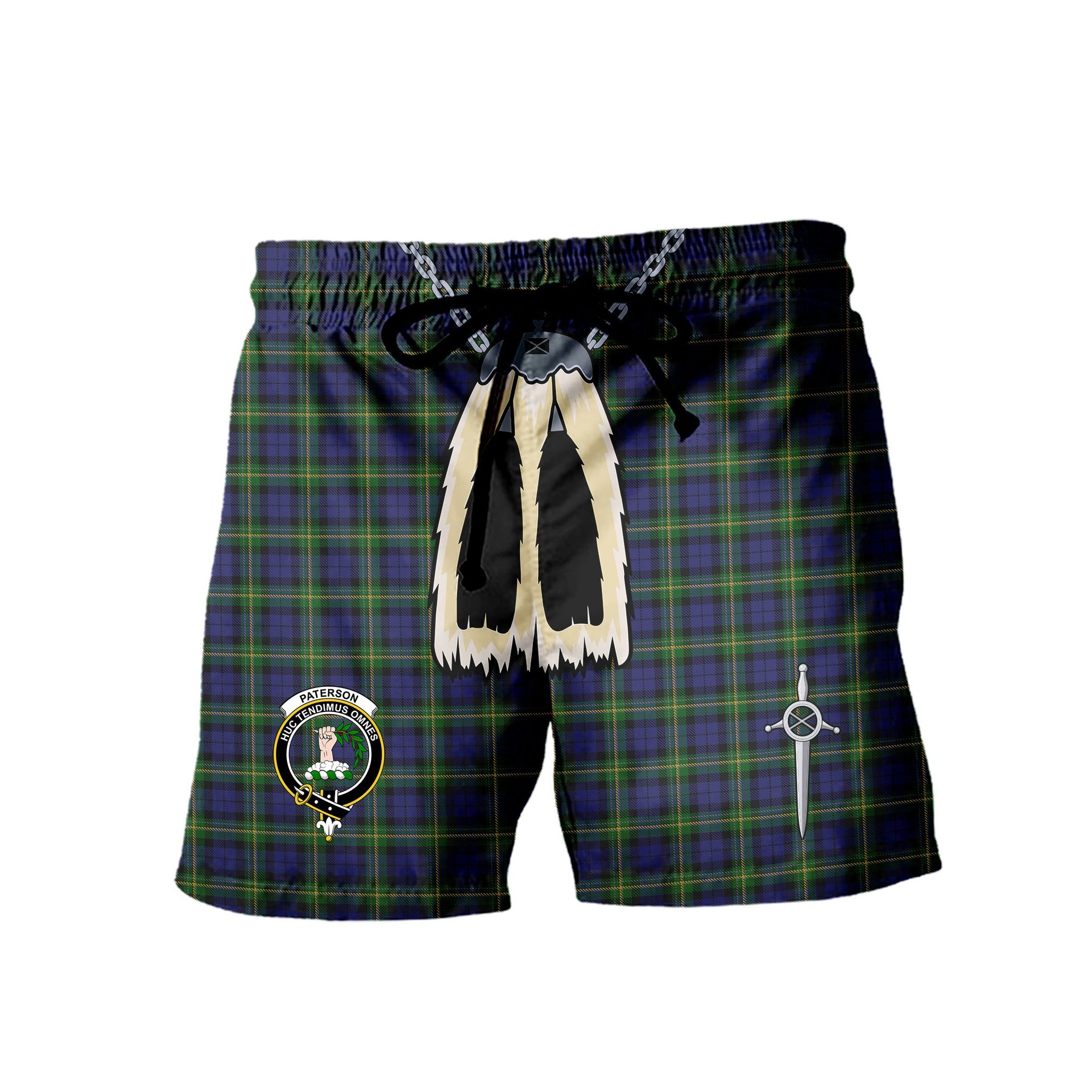 ScotsTee Shop Scottish Paterson Dalgleish Version Clan Crest Men's Highland Kilt Sporran Tartan Shorts