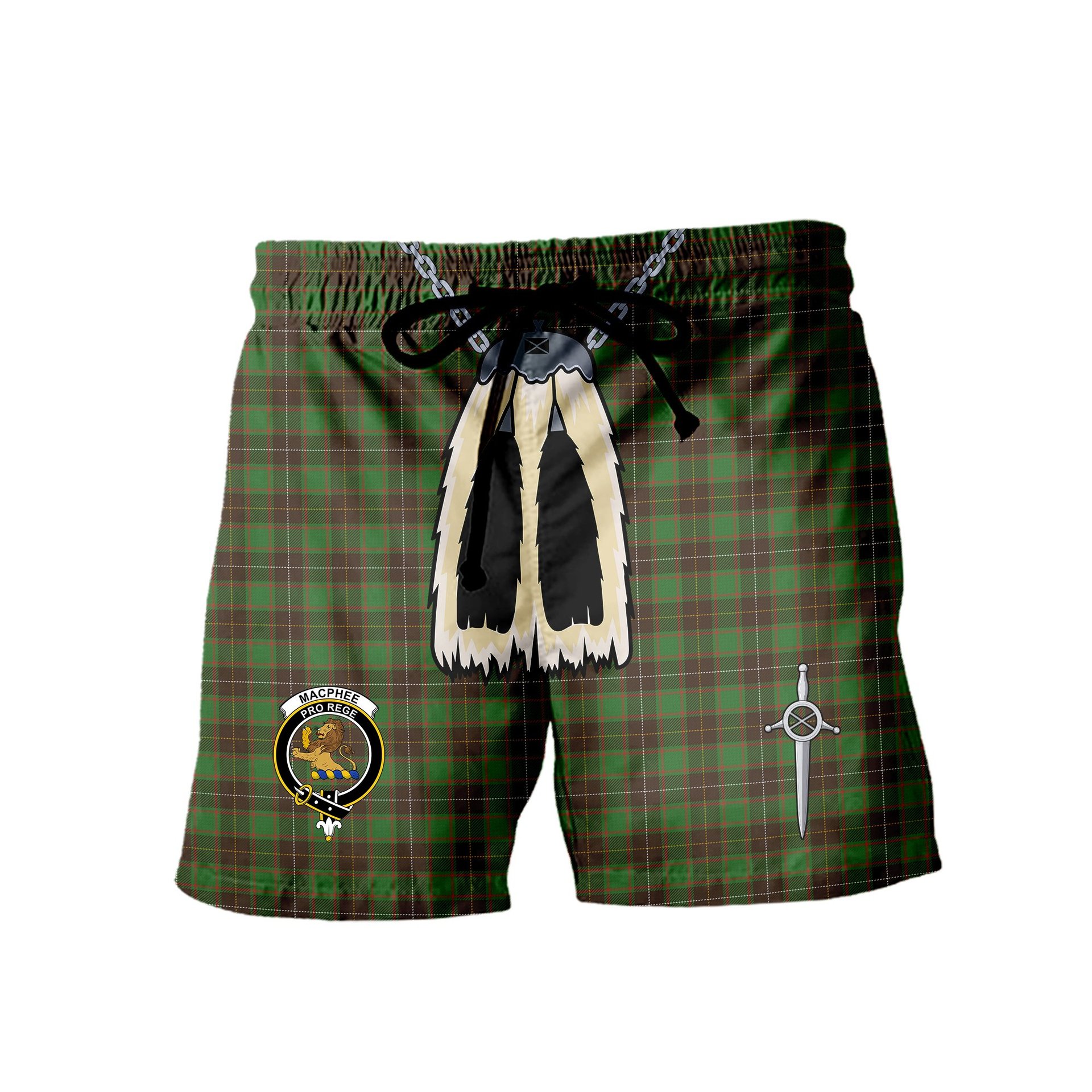 ScotsTee Shop Scottish MacPhee Hunting Ancient Clan Crest Men's Highland Kilt Sporran Tartan Shorts