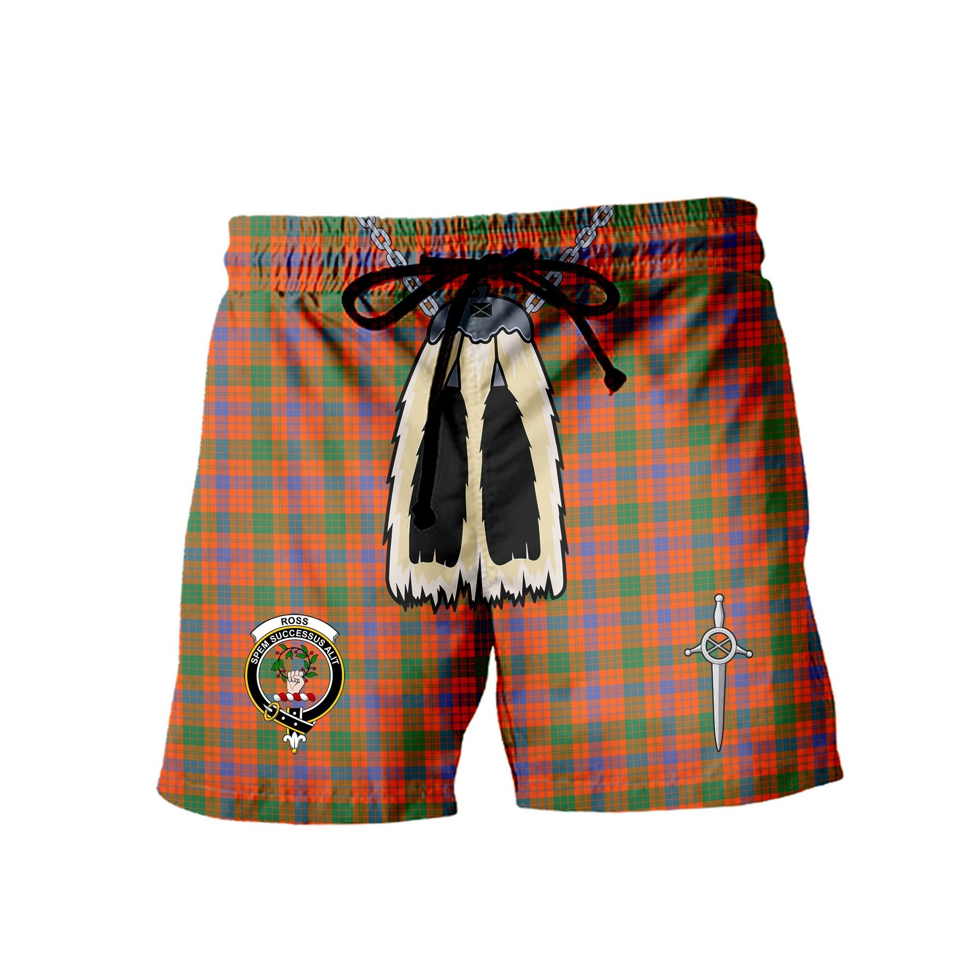 ScotsTee Shop Scottish Ross Ancient Clan Crest Men's Highland Kilt Sporran Tartan Shorts