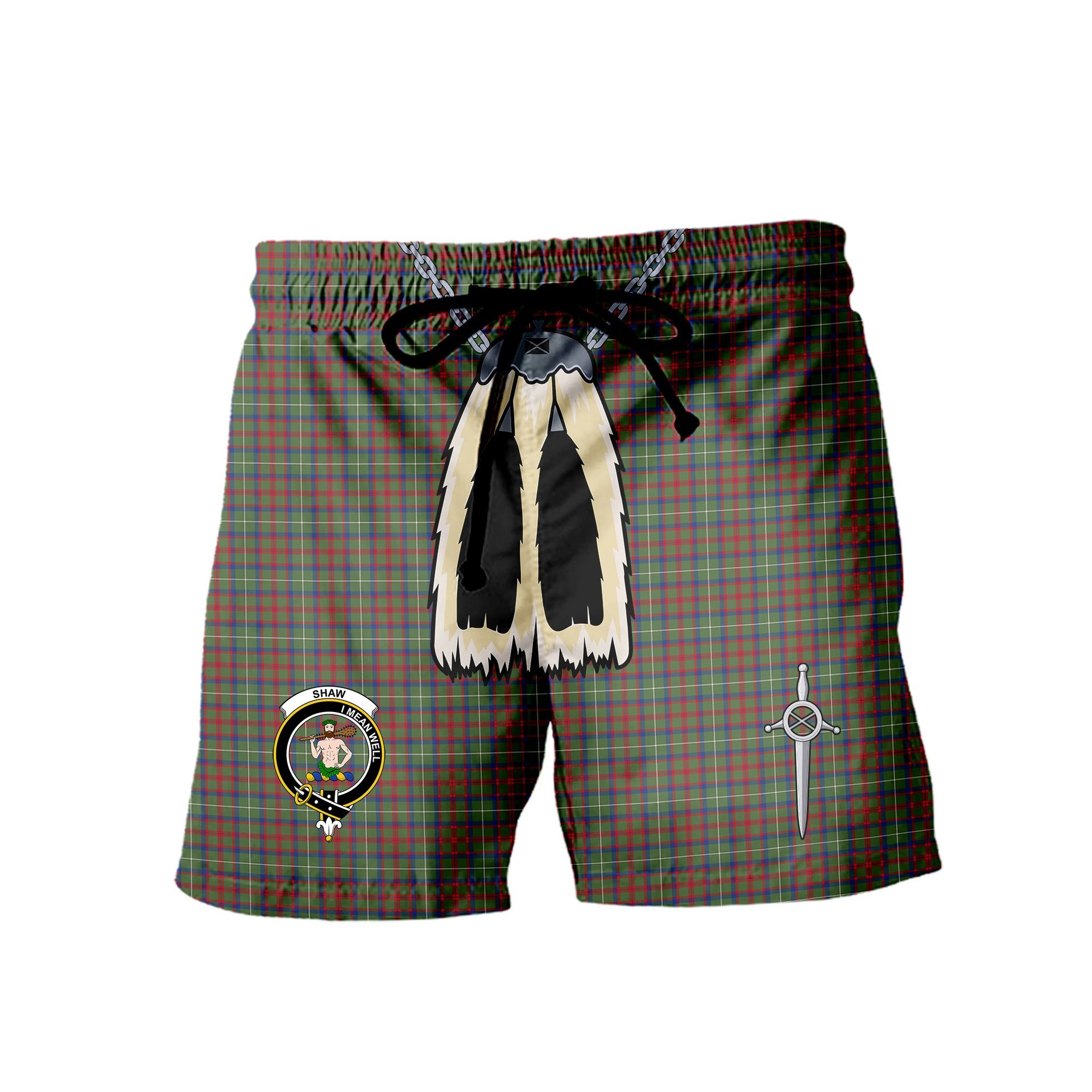 ScotsTee Shop Scottish Shaw Green Modern Clan Crest Men's Highland Kilt Sporran Tartan Shorts