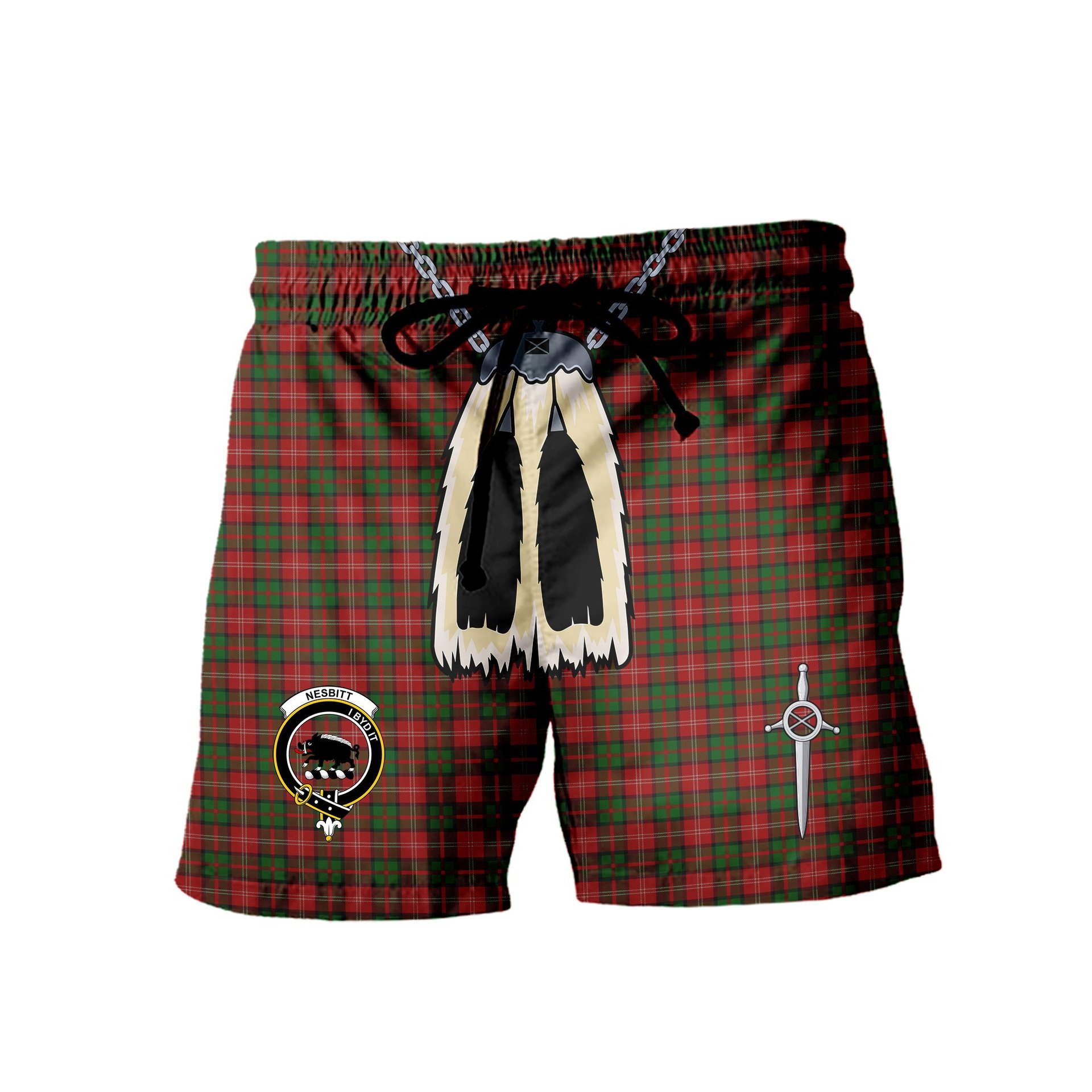 ScotsTee Shop Scottish Nesbitt Clan Crest Men's Highland Kilt Sporran Tartan Shorts