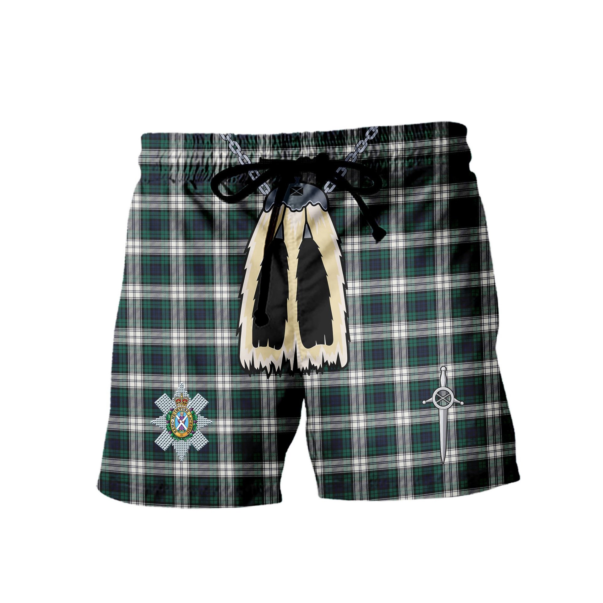 ScotsTee Shop Scottish Black Watch Dress Modern Clan Crest Men's Highland Kilt Sporran Tartan Shorts
