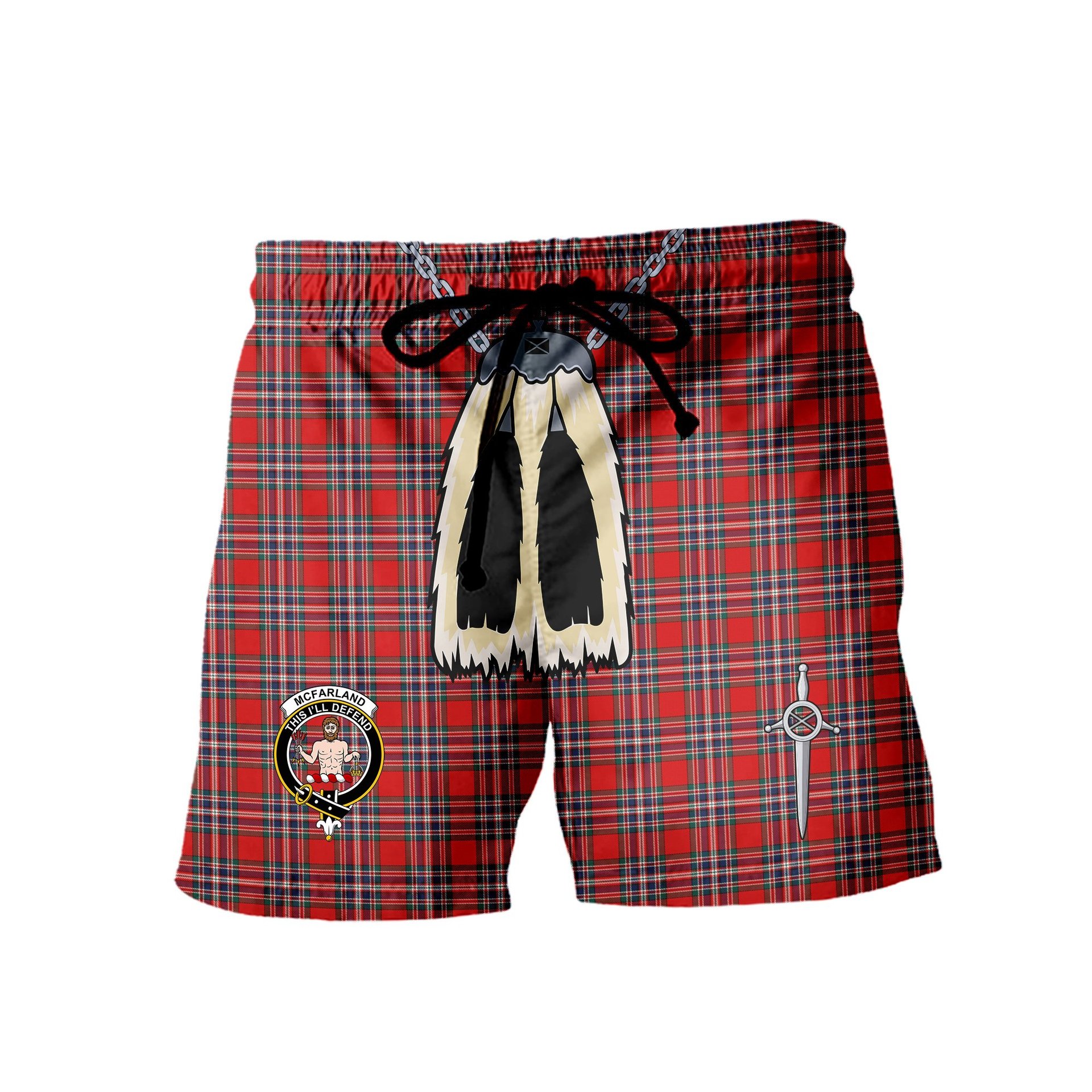 ScotsTee Shop Scottish McFarland Red Modern Clan Crest Men's Highland Kilt Sporran Tartan Shorts
