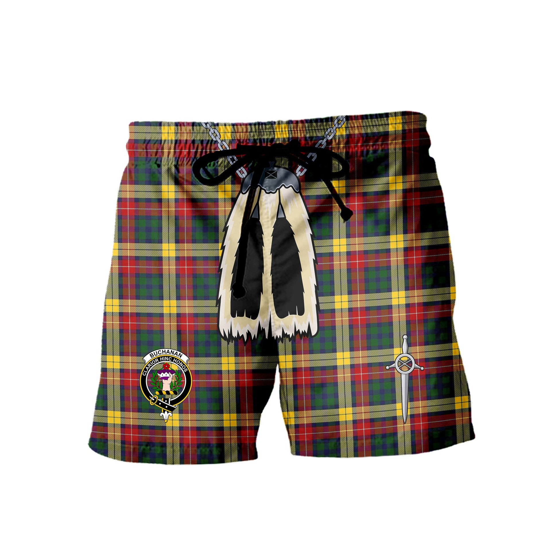 ScotsTee Shop Scottish Buchanan Clan Crest Men's Highland Kilt Sporran Tartan Shorts