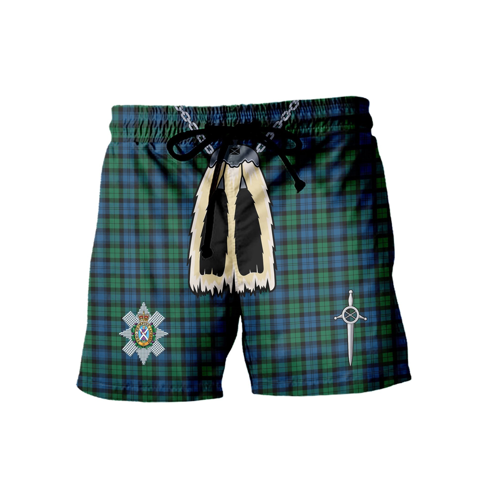 ScotsTee Shop Scottish Black Watch Ancient Clan Crest Men's Highland Kilt Sporran Tartan Shorts