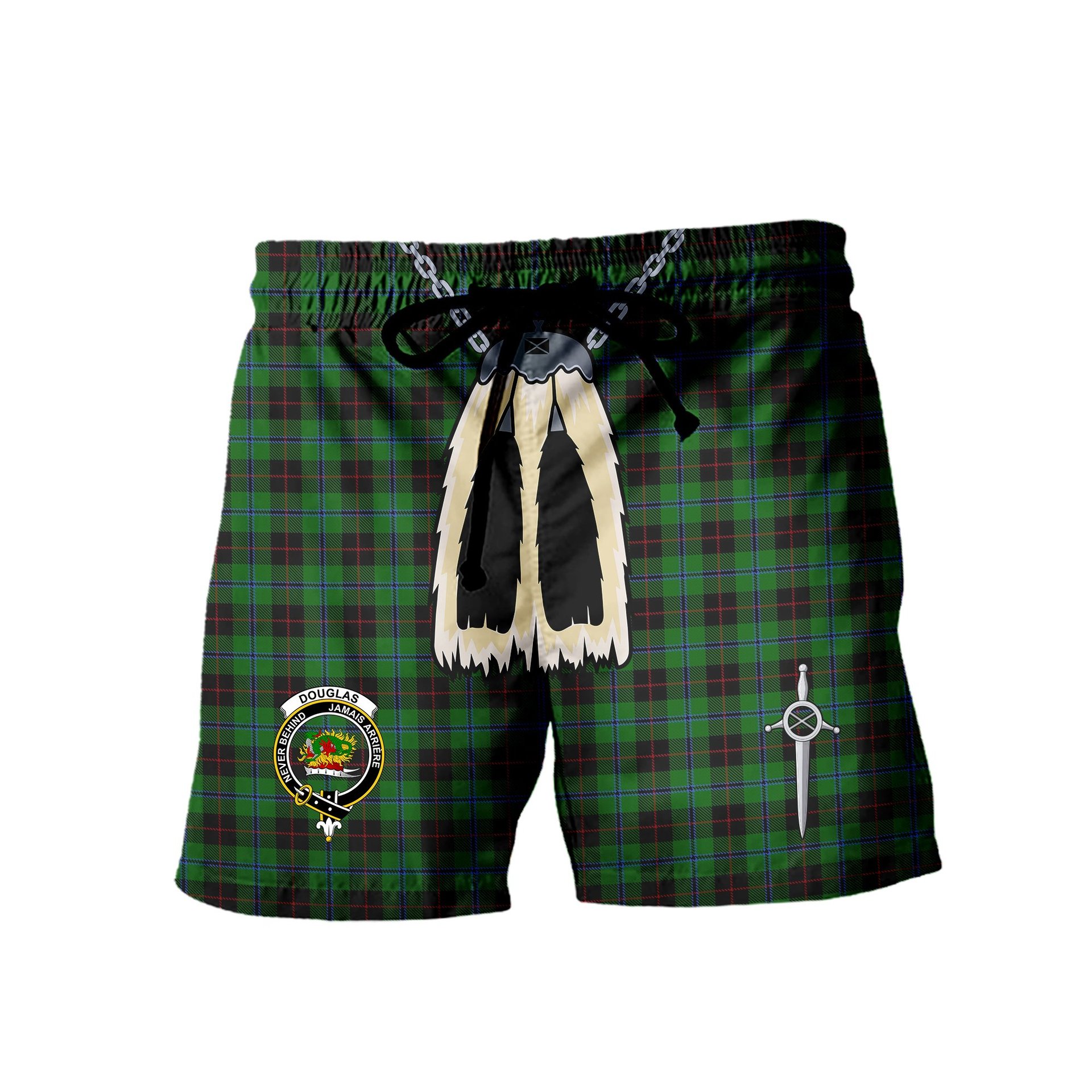ScotsTee Shop Scottish Douglas Black Clan Crest Men's Highland Kilt Sporran Tartan Shorts
