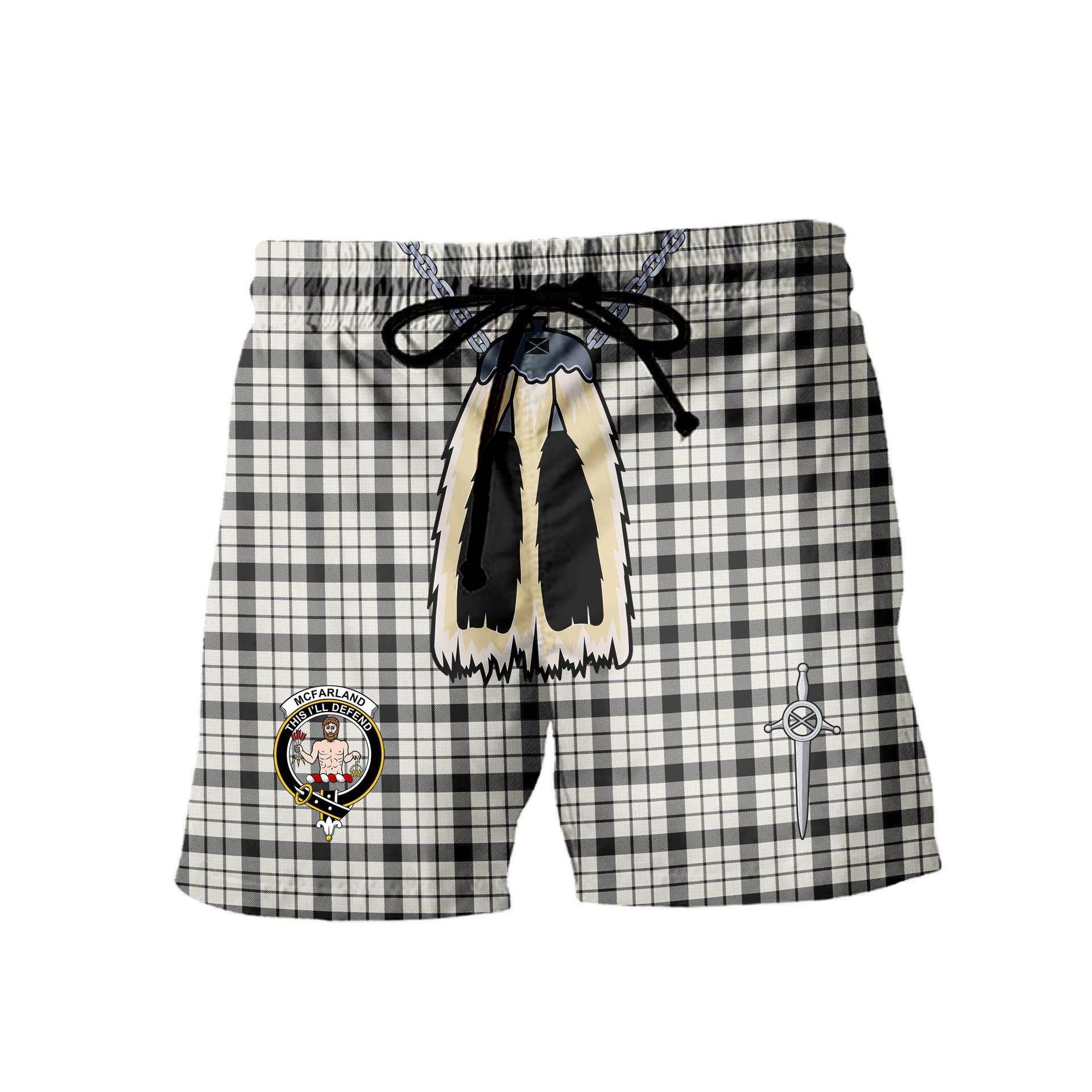 ScotsTee Shop Scottish McFarland Black White Ancient Clan Crest Men's Highland Kilt Sporran Tartan Shorts