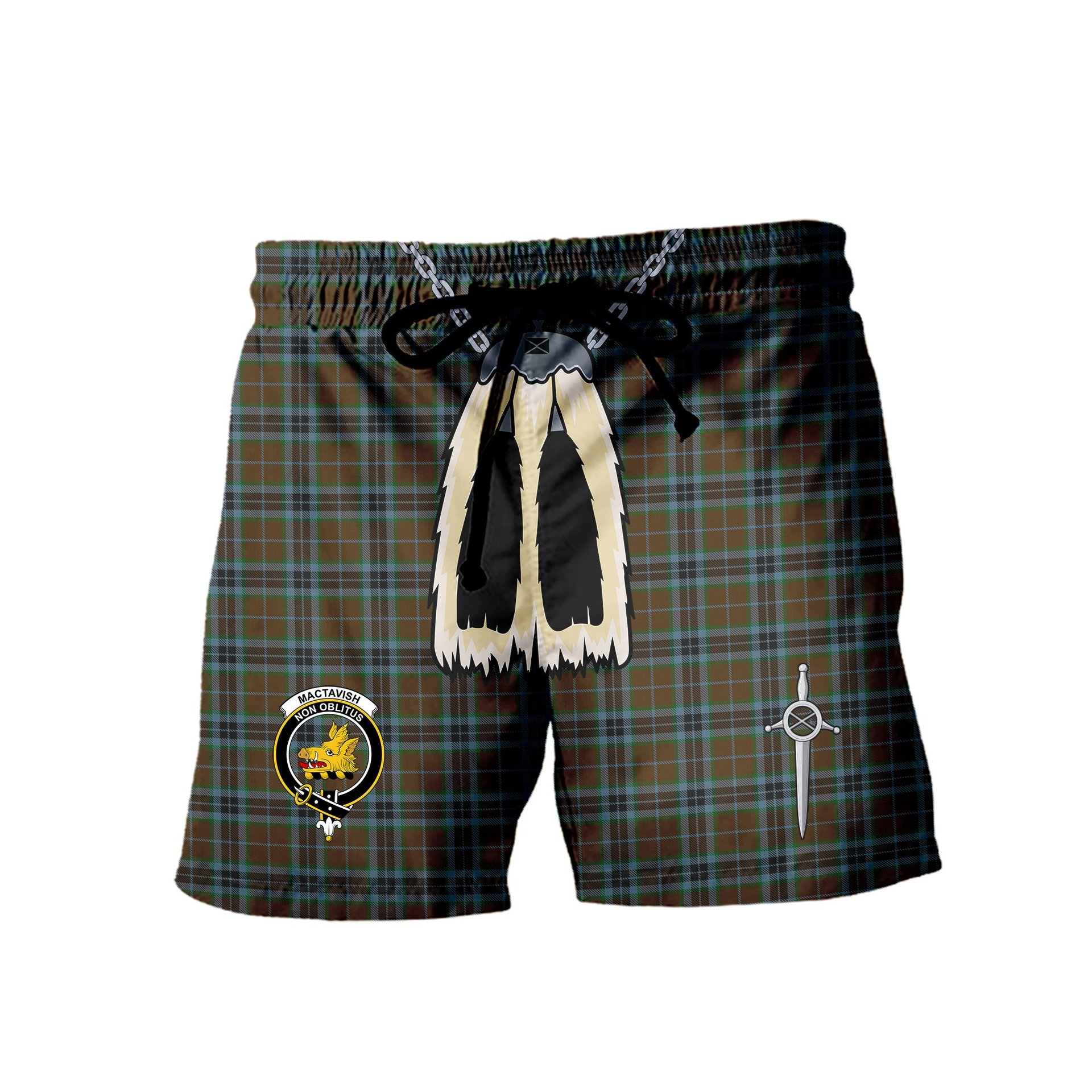 ScotsTee Shop Scottish MacTavish Hunting Clan Crest Men's Highland Kilt Sporran Tartan Shorts