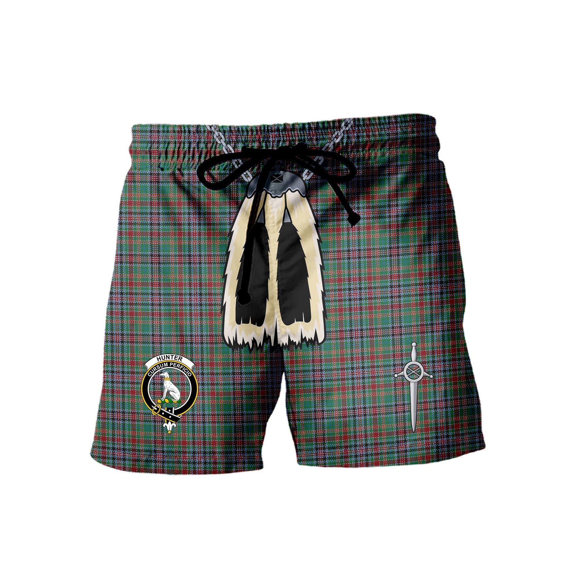ScotsTee Shop Scottish Hunter Old Ancient Clan Crest Men's Highland Kilt Sporran Tartan Shorts