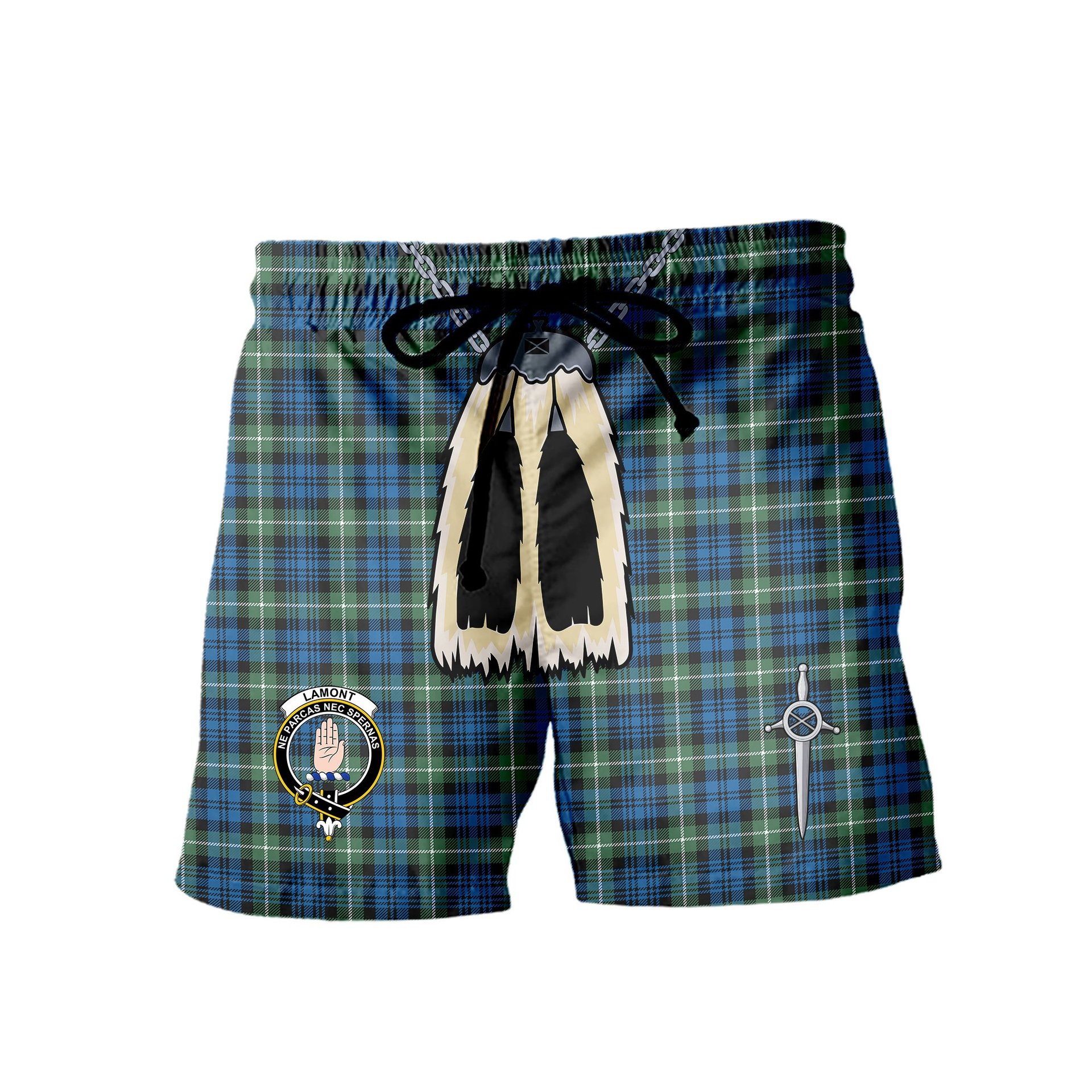 ScotsTee Shop Scottish Lamont Ancient Clan Crest Men's Highland Kilt Sporran Tartan Shorts