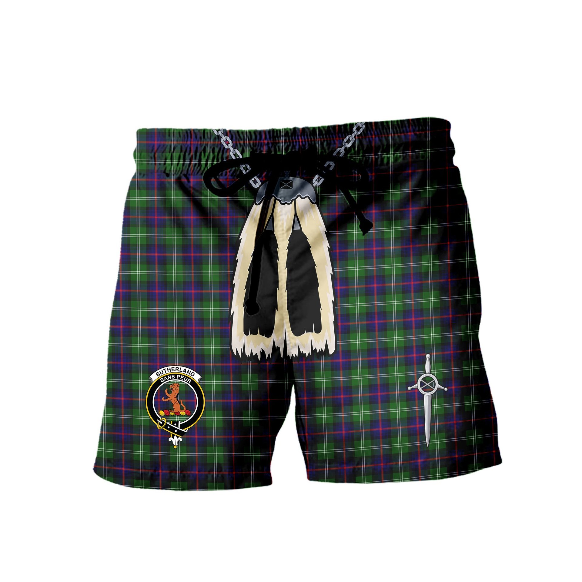 ScotsTee Shop Scottish Sutherland Modern Clan Crest Men's Highland Kilt Sporran Tartan Shorts