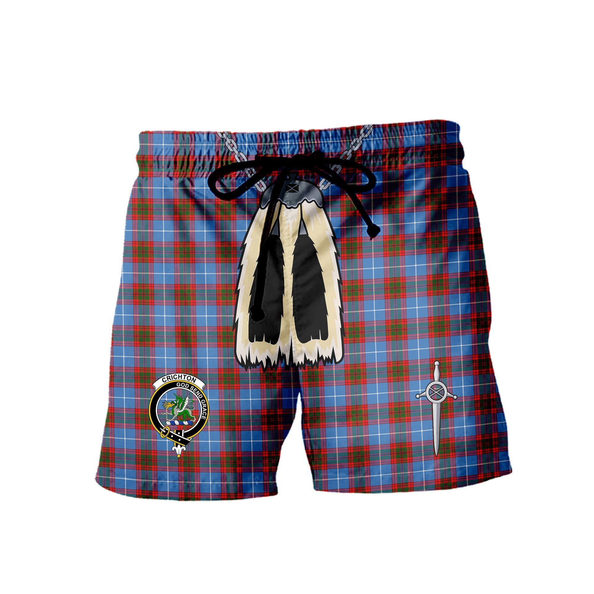 ScotsTee Shop Scottish Crichton Clan Crest Men's Highland Kilt Sporran Tartan Shorts