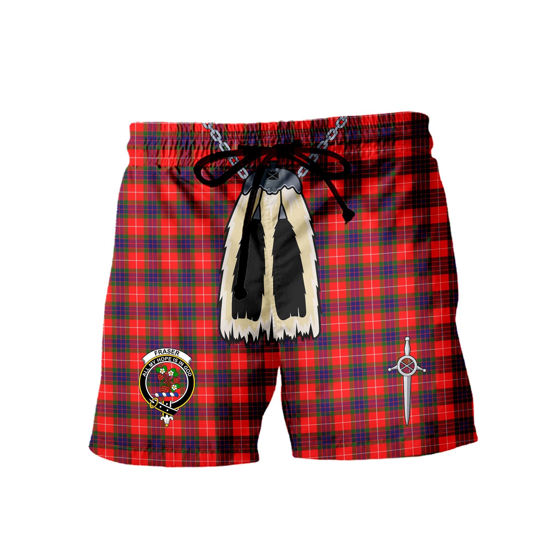 ScotsTee Shop Scottish Fraser Modern SC Clan Crest Men's Highland Kilt Sporran Tartan Shorts