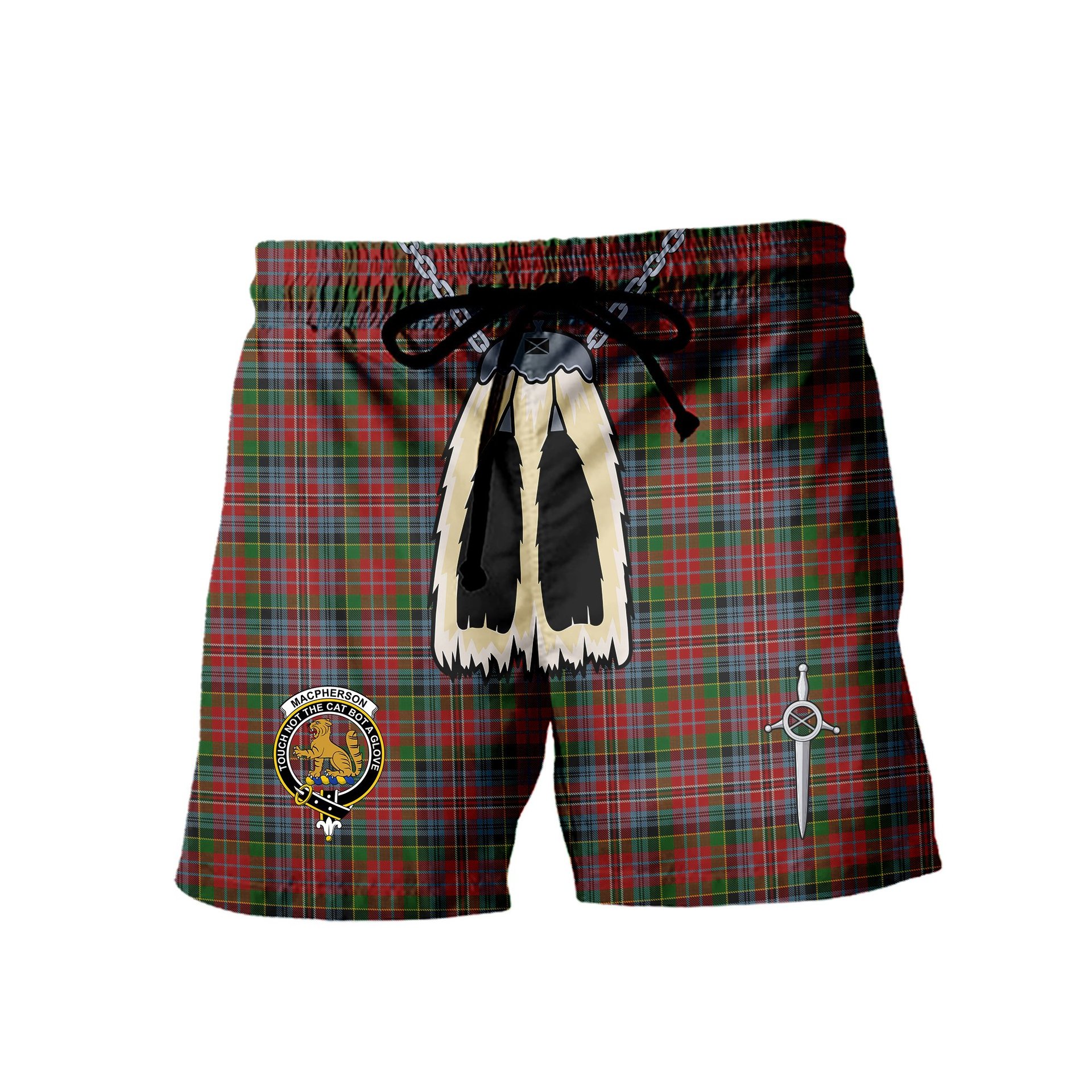 ScotsTee Shop Scottish MacPherson Ancient Clan Crest Men's Highland Kilt Sporran Tartan Shorts