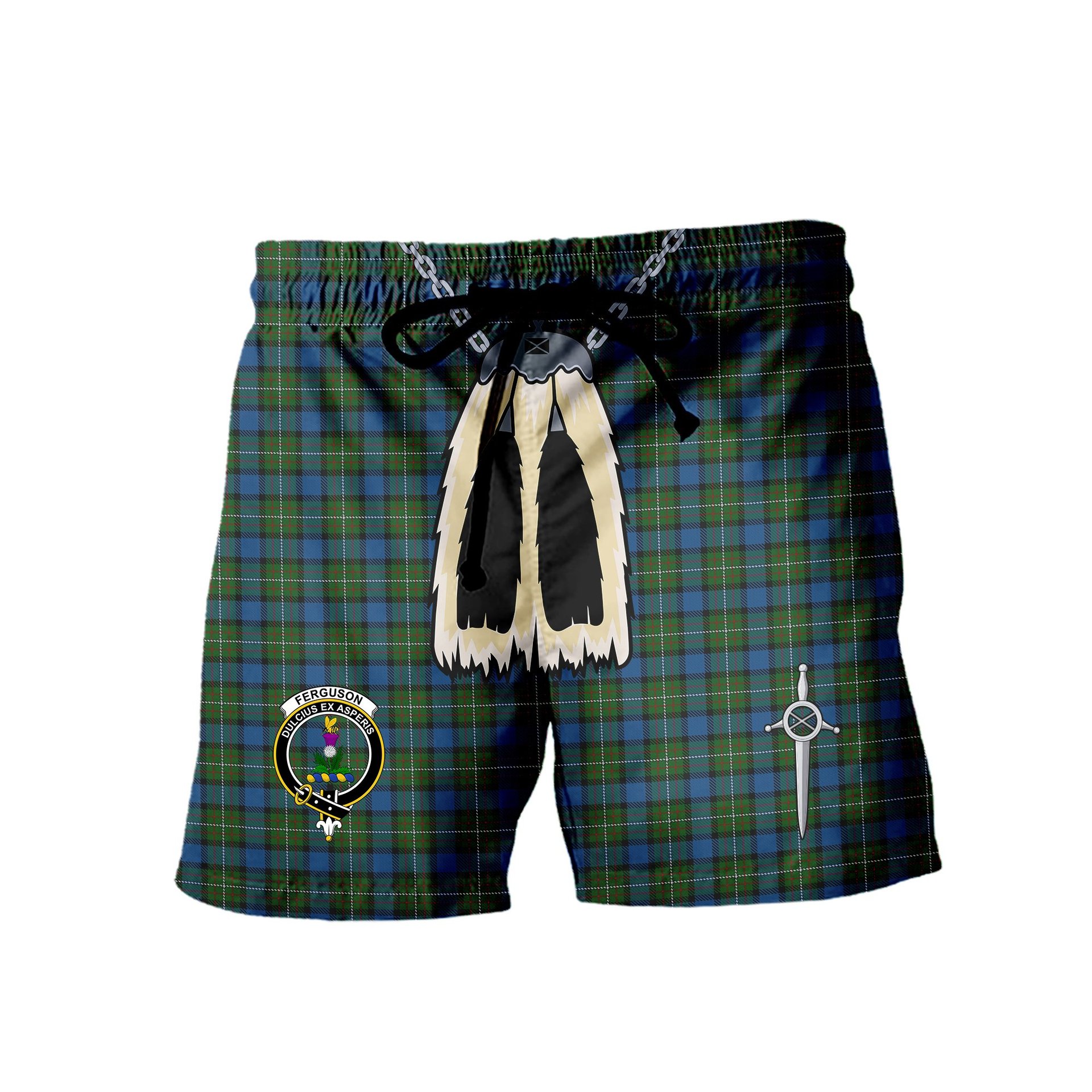 ScotsTee Shop Scottish Ferguson of Atholl Clan Crest Men's Highland Kilt Sporran Tartan Shorts