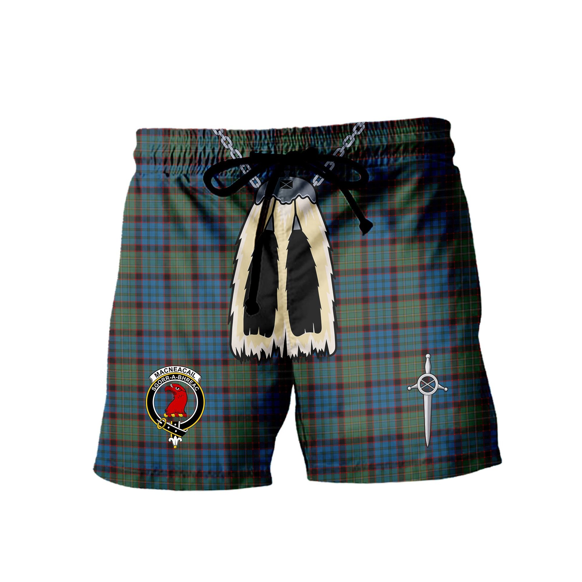 ScotsTee Shop Scottish MacNeacail Hunting Clan Crest Men's Highland Kilt Sporran Tartan Shorts