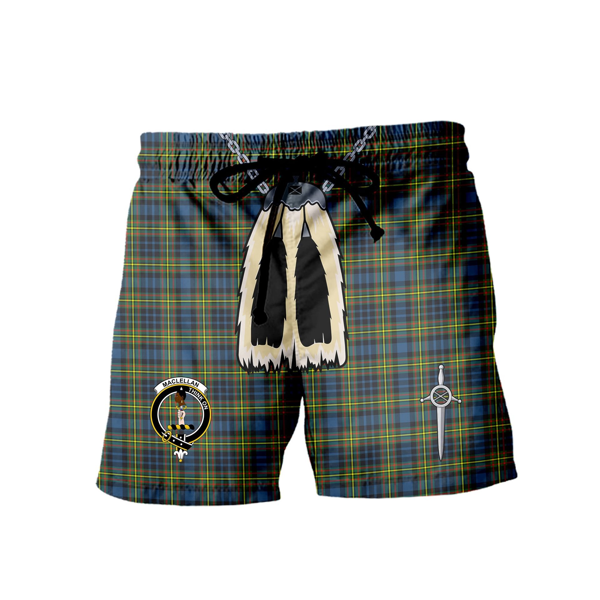 ScotsTee Shop Scottish MacLellan Ancient Clan Crest Men's Highland Kilt Sporran Tartan Shorts